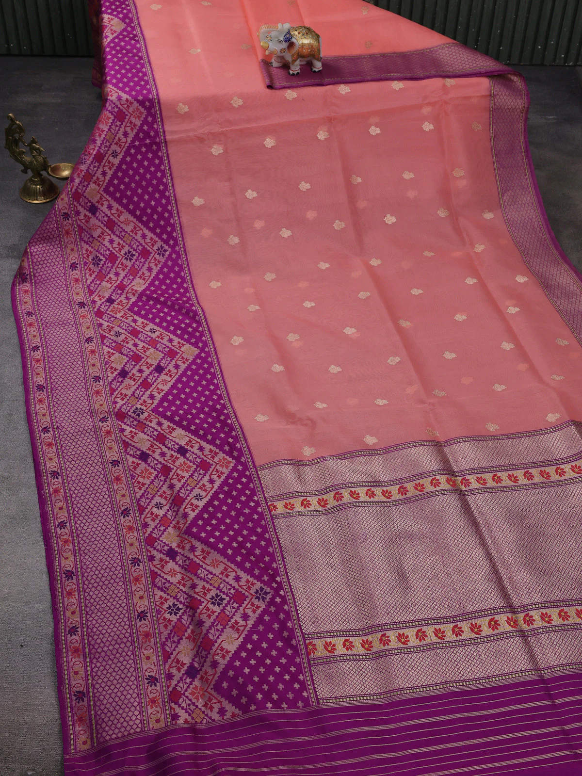 Peach Pink-Purple Banarasi Kora Saree - Image 2