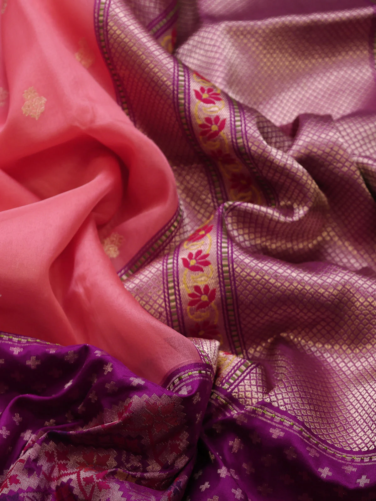 Peach Pink-Purple Banarasi Kora Saree - Image 3
