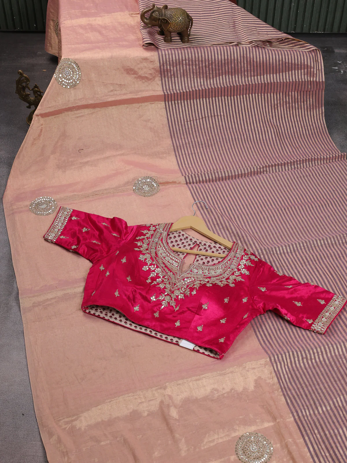 Peach -Pink Tissue Silk Saree With Embroidered Readymade Blouse