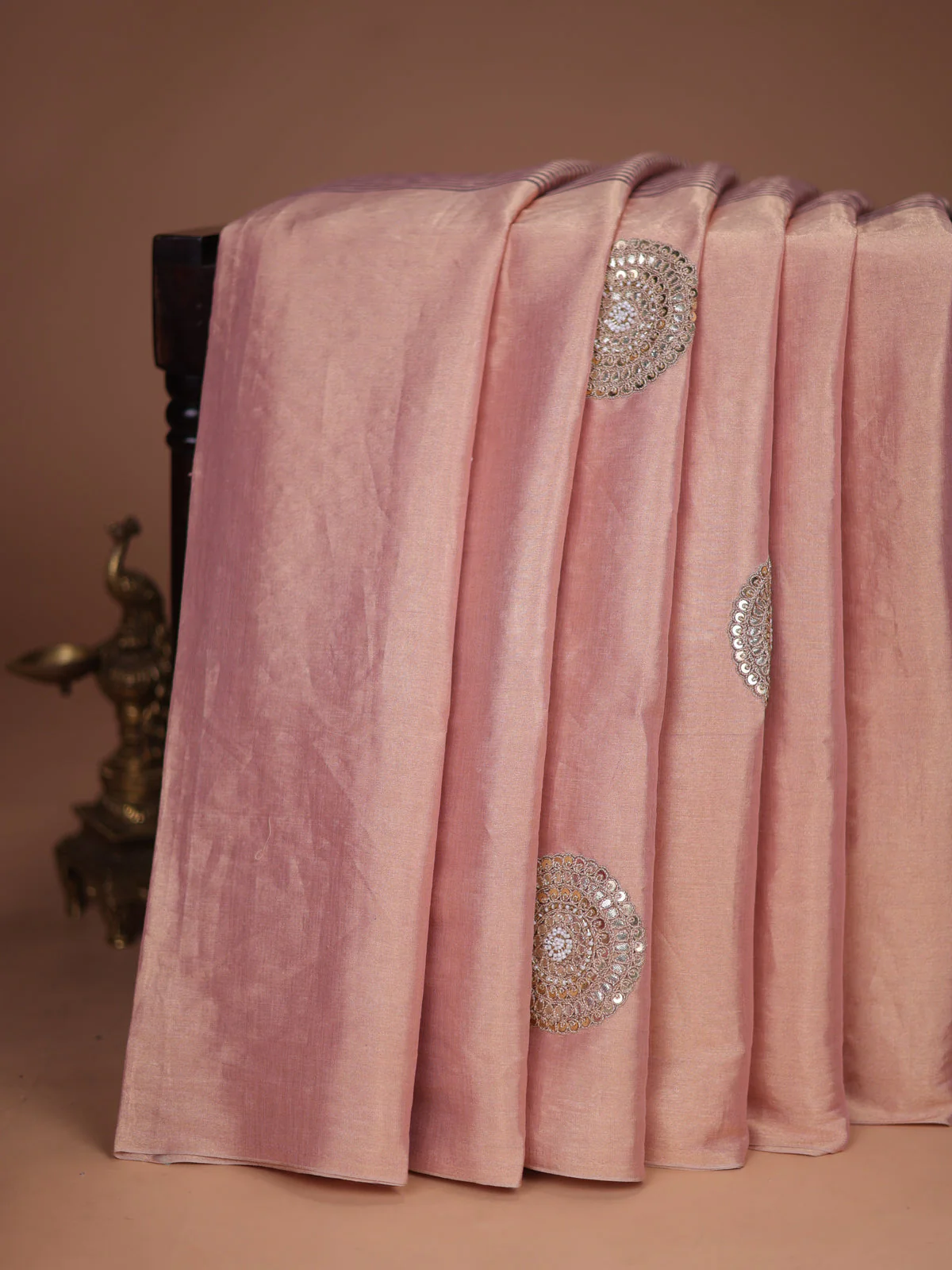 Peach -Pink Tissue Silk Saree With Embroidered Readymade Blouse - Image 2