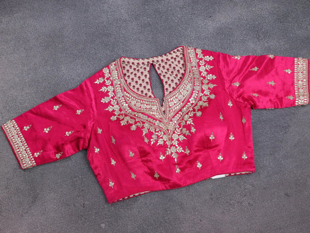 Peach -Pink Tissue Silk Saree With Embroidered Readymade Blouse - Image 4