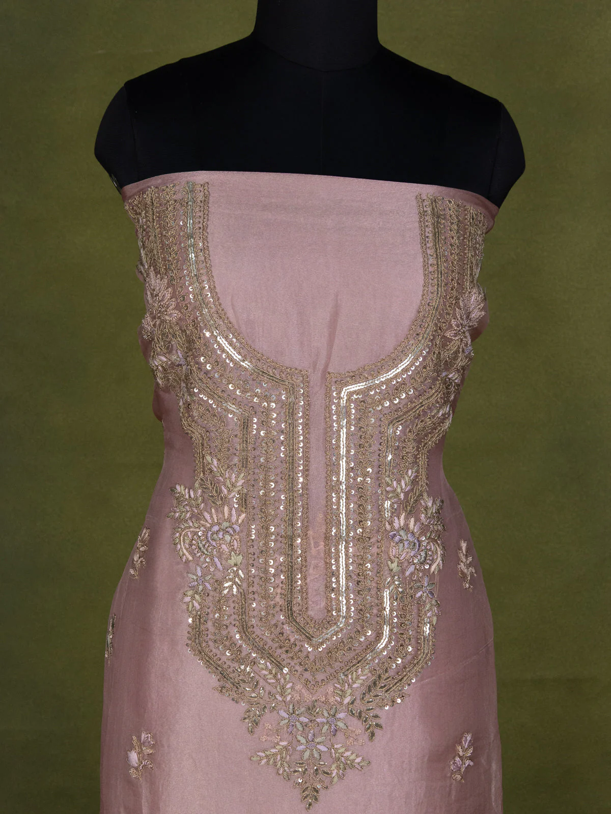 Peach Pink Tissue Silk Unstitched Suit - Image 2