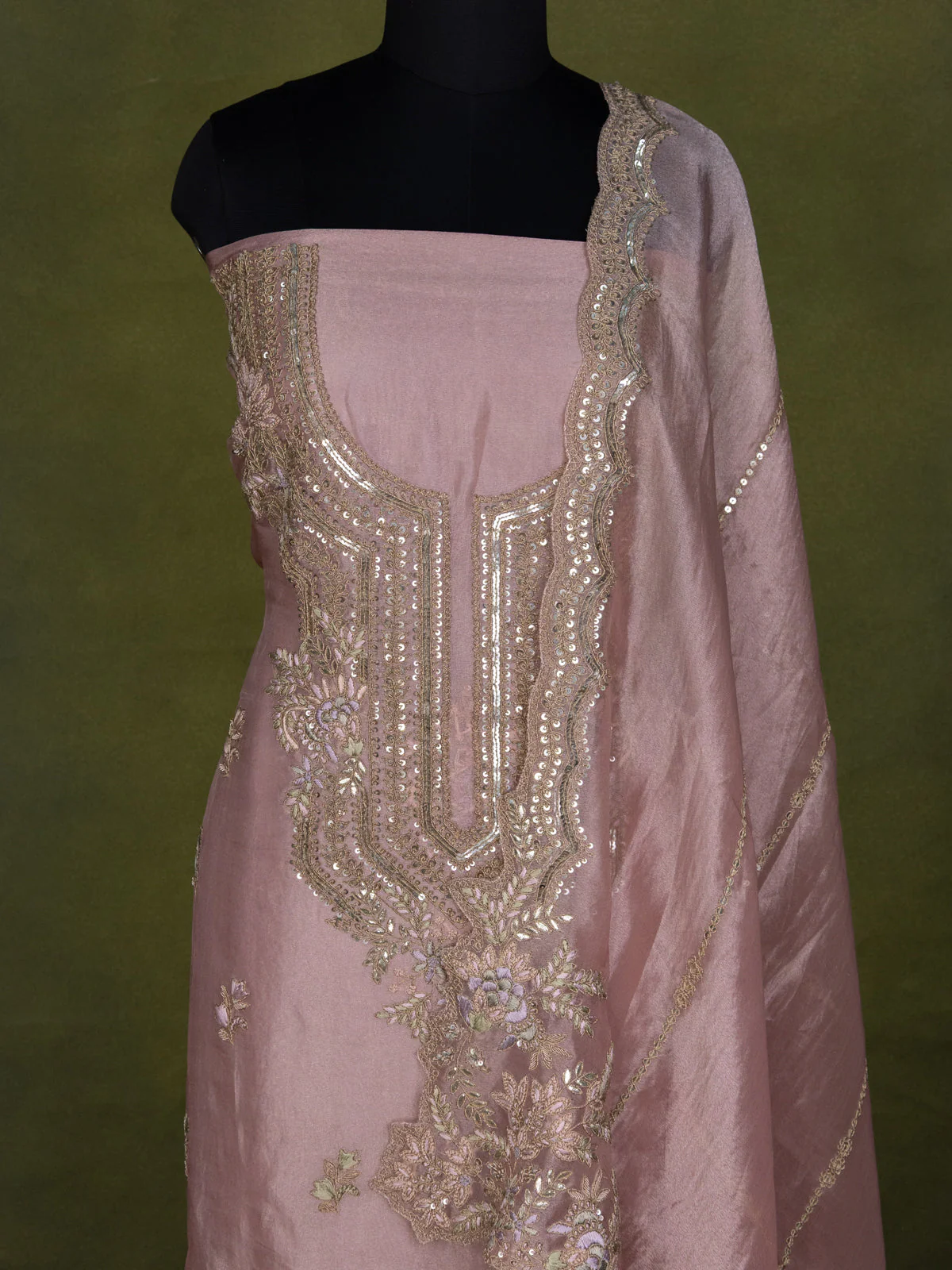 Peach Pink Tissue Silk Unstitched Suit - Image 3