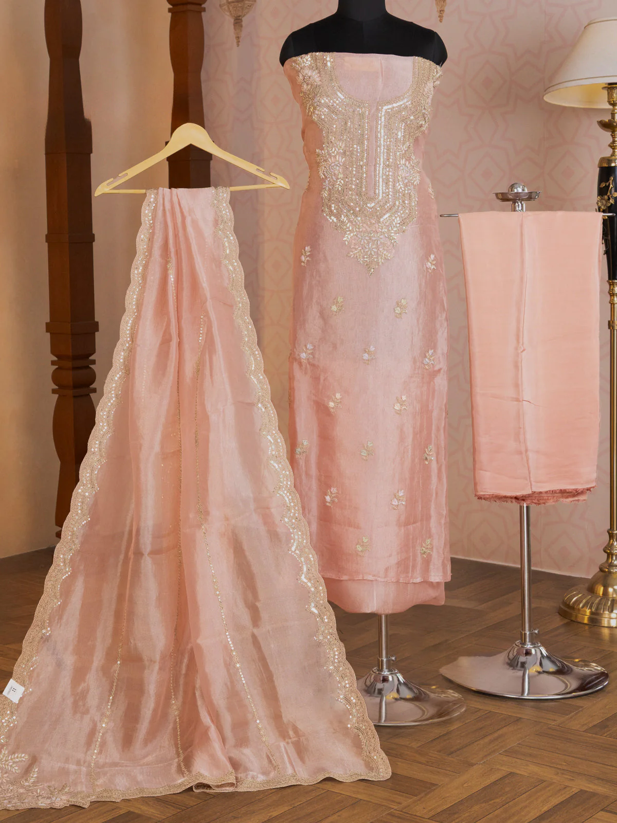 Peach Pink Tissue Silk Unstitched Suit - Image 5