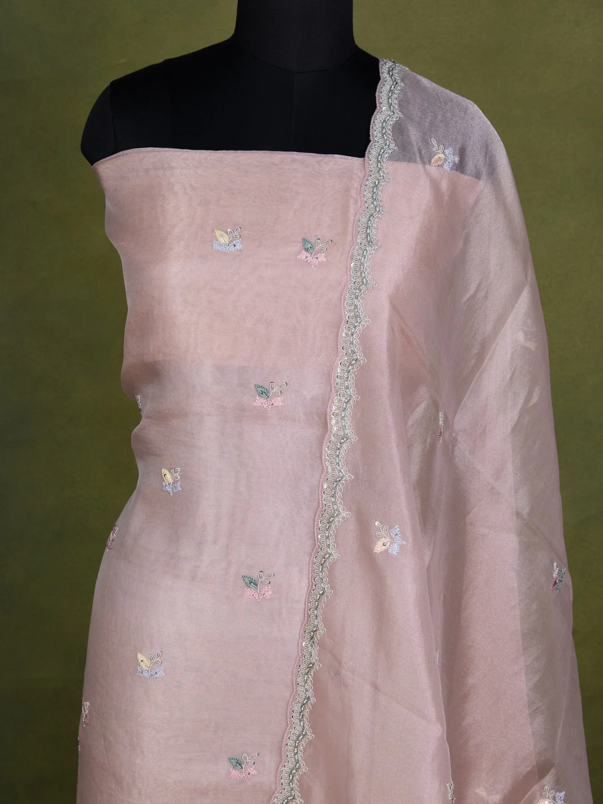 Peach Pink Tissue Silk Unstitched Suit - Image 3