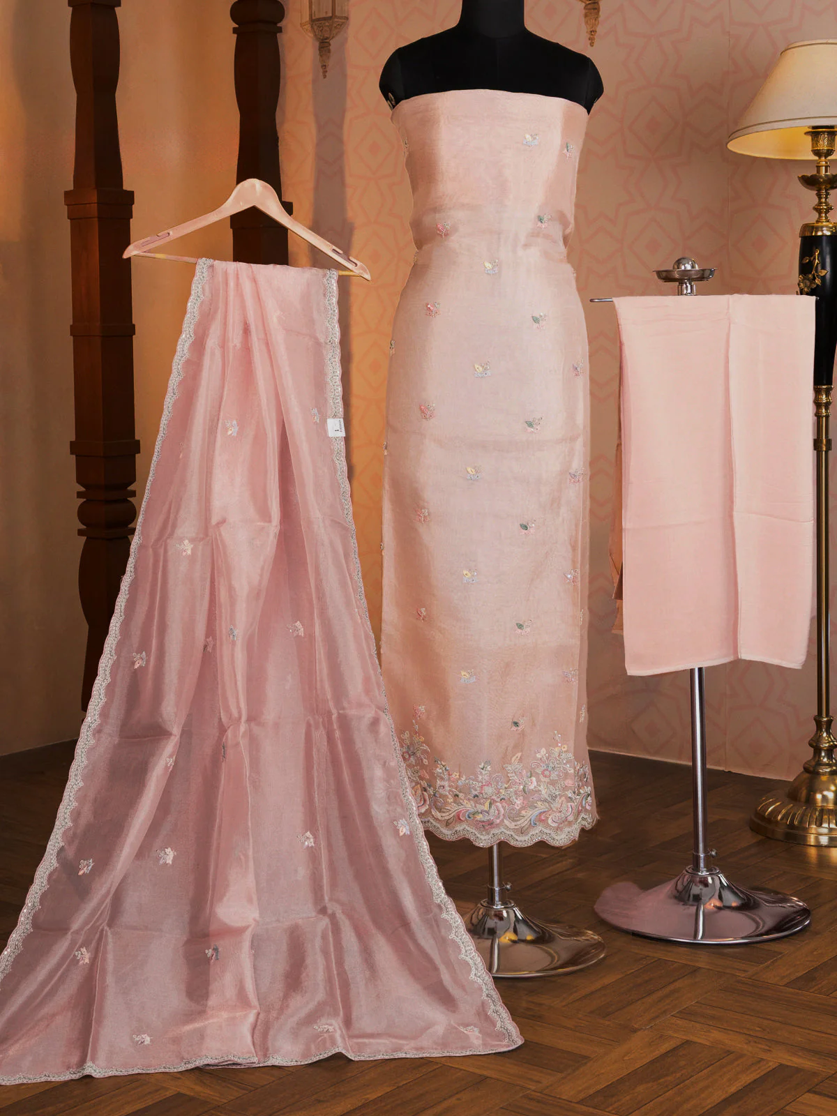 Peach Pink Tissue Silk Unstitched Suit - Image 5