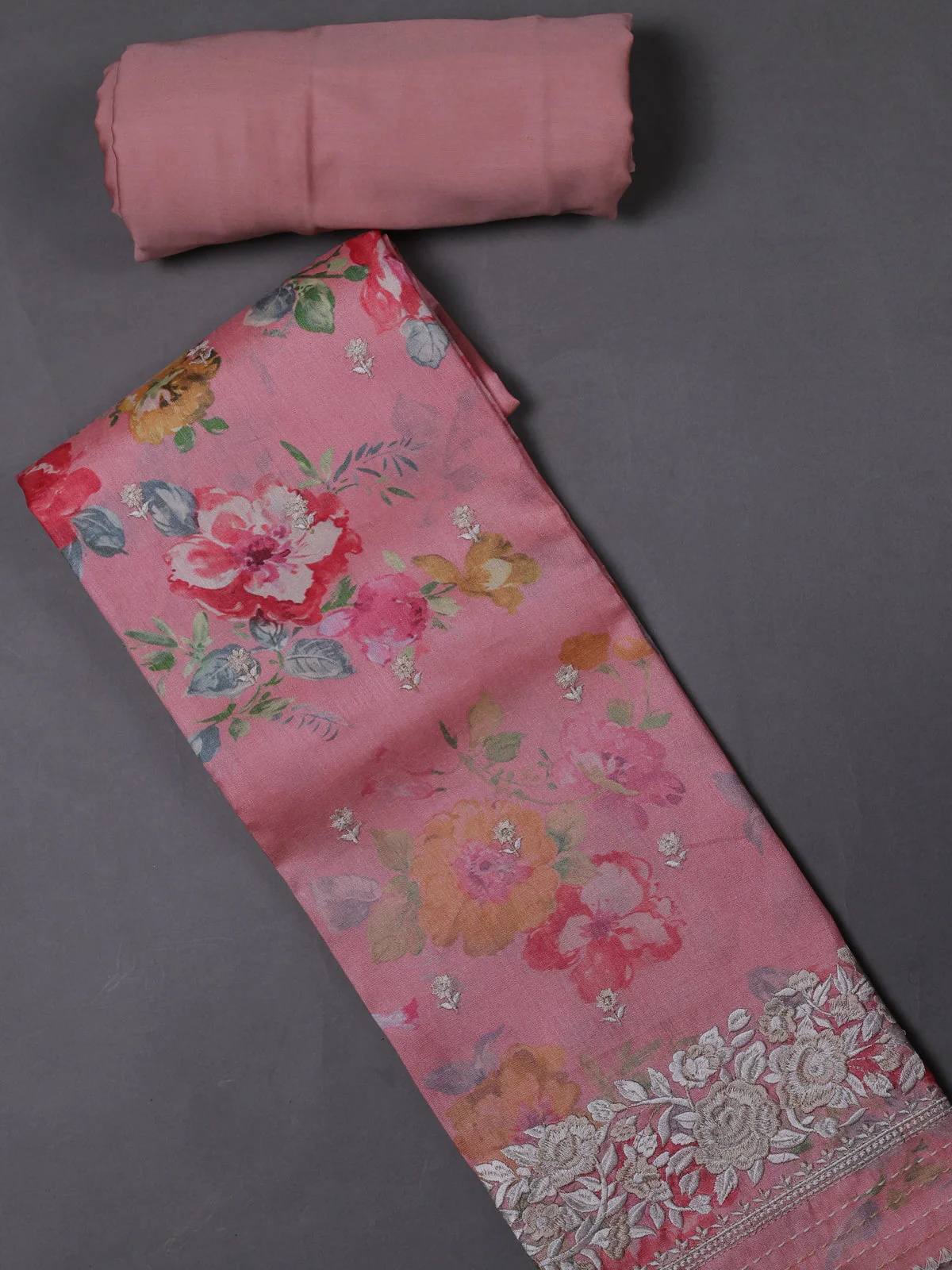 Peach Pink Tussar Silk Unstitched Suit - Image 2