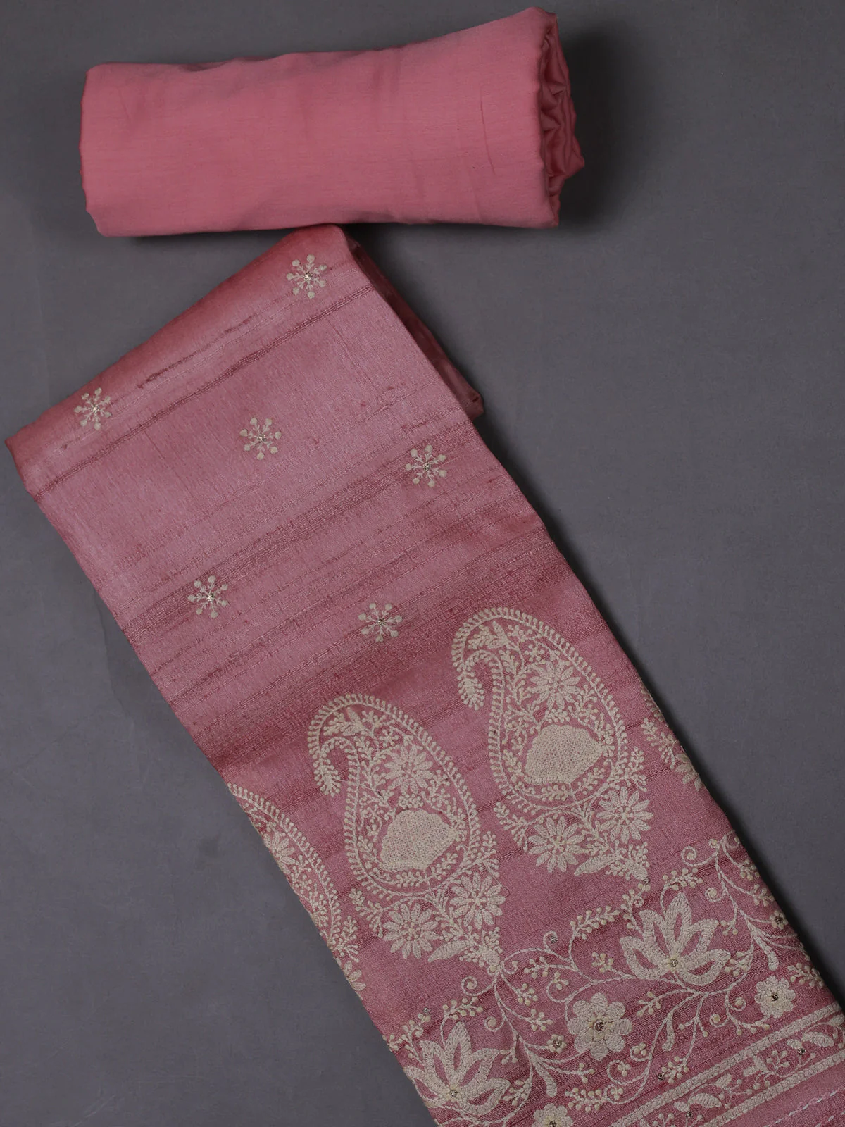Peach Tussar Silk Unstitched Suit - Image 2