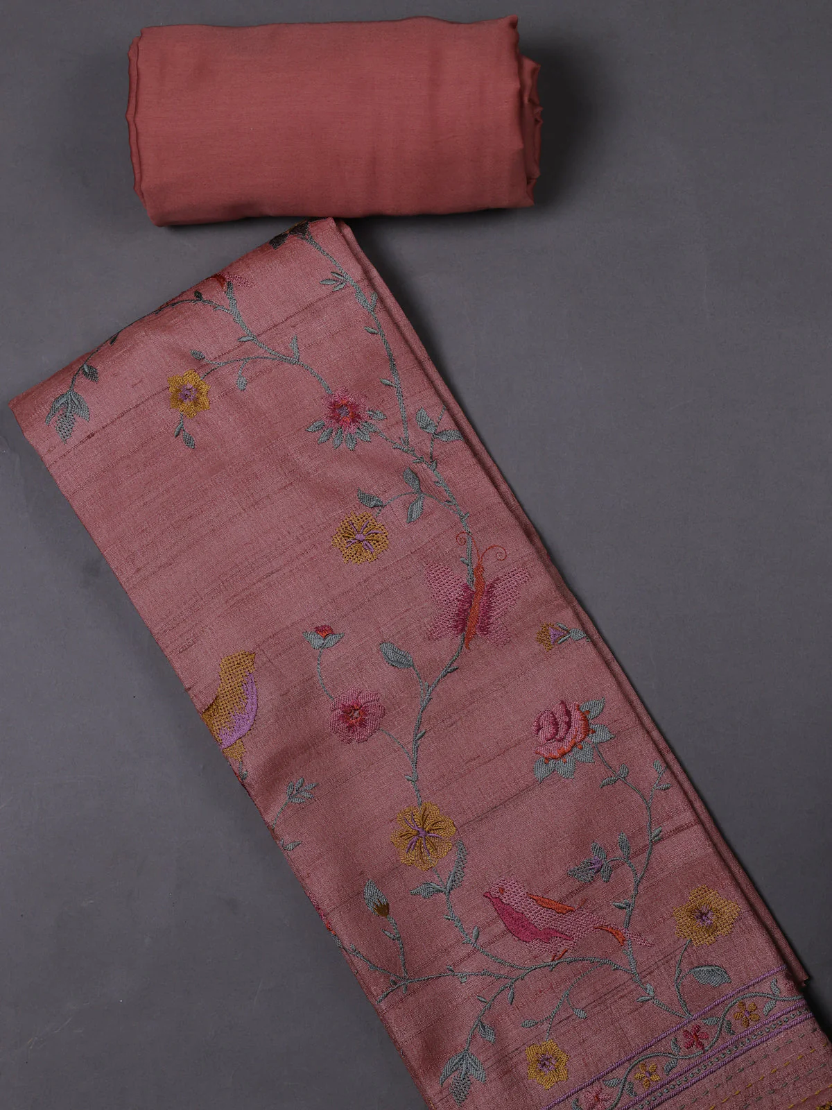 Peach Tussar Silk Unstitched Suit - Image 2