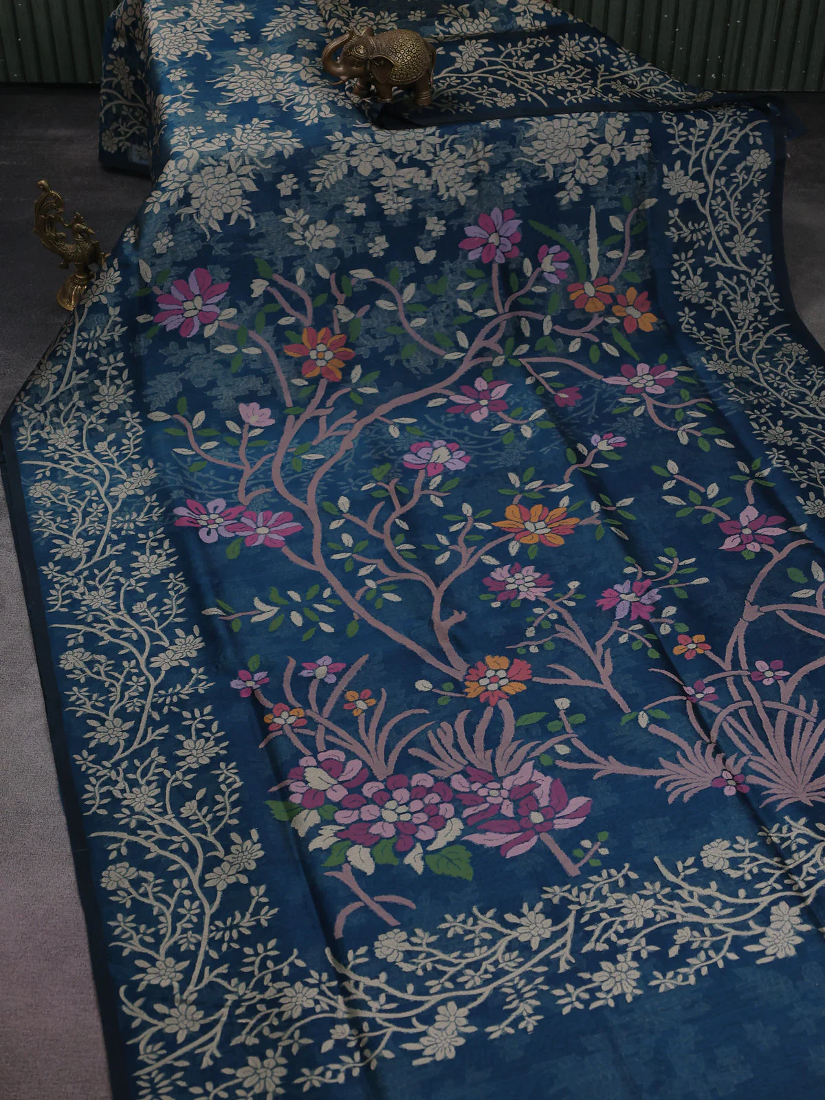 Peacock Blue Banarasi Kora Silk Saree - Image 2