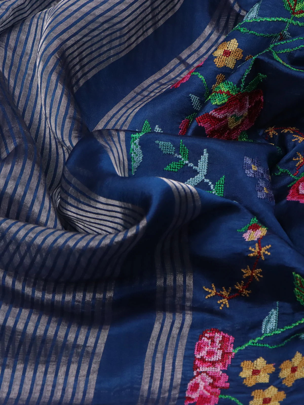 Peacock Blue Chanderi Silk Saree - Image 3