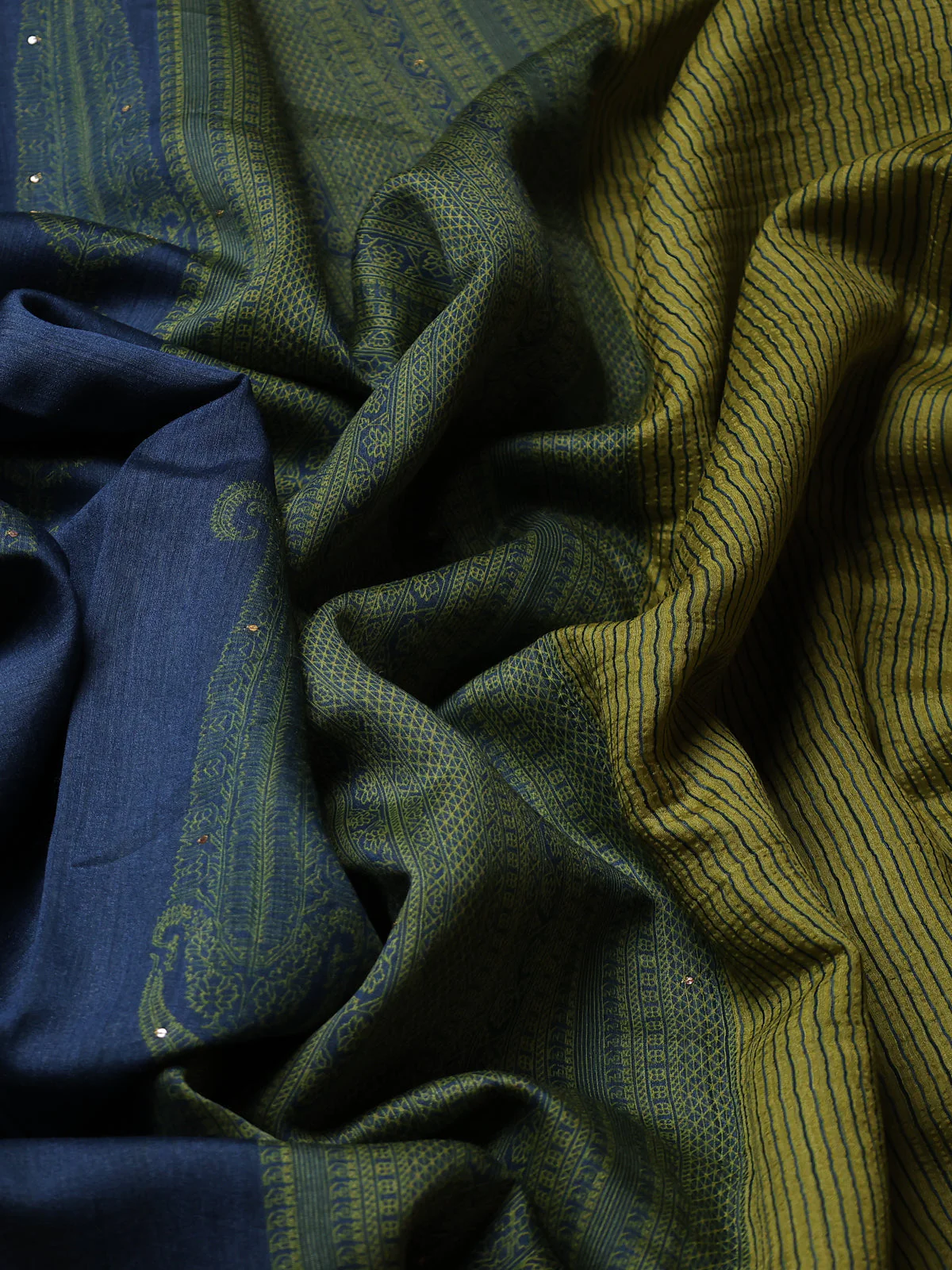 Peacock Blue -Light Green Tussar Silk Saree - Image 3