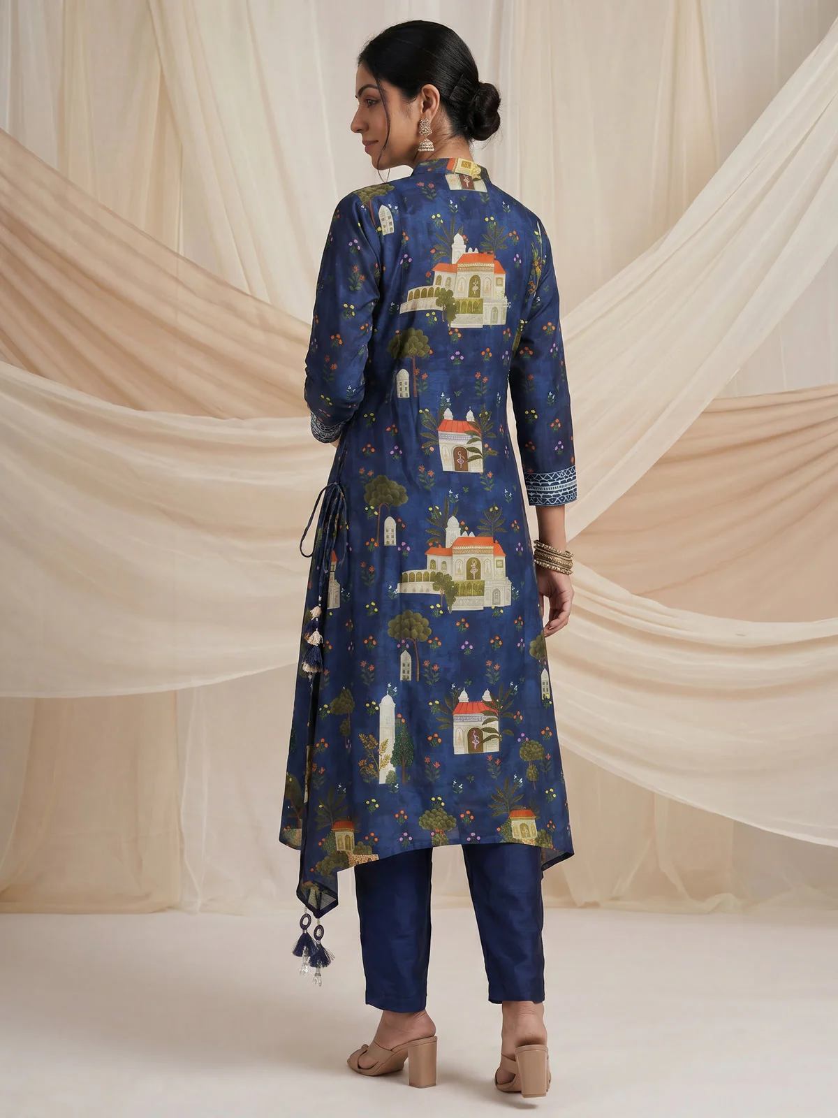 Peacock Blue Muslin Tail cut Kurti and Pant Set - Image 2