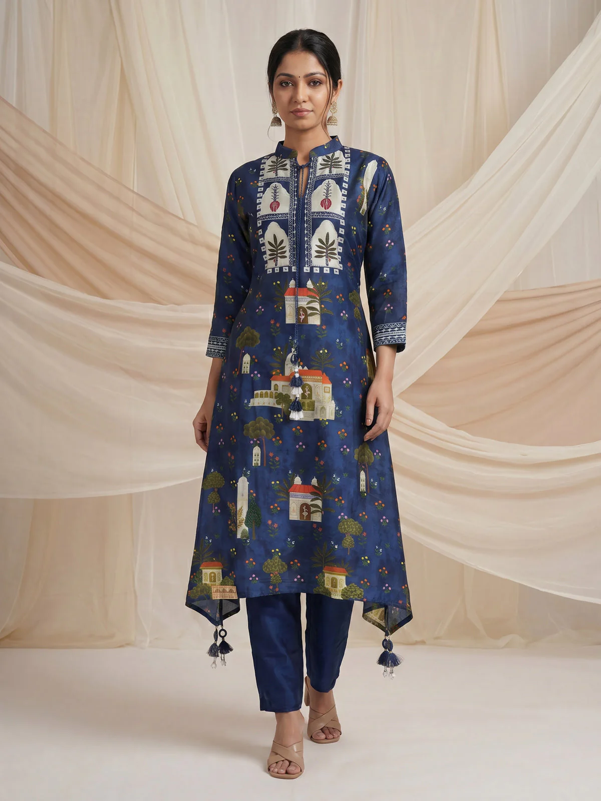 Peacock Blue Muslin Tail cut Kurti and Pant Set - Image 3
