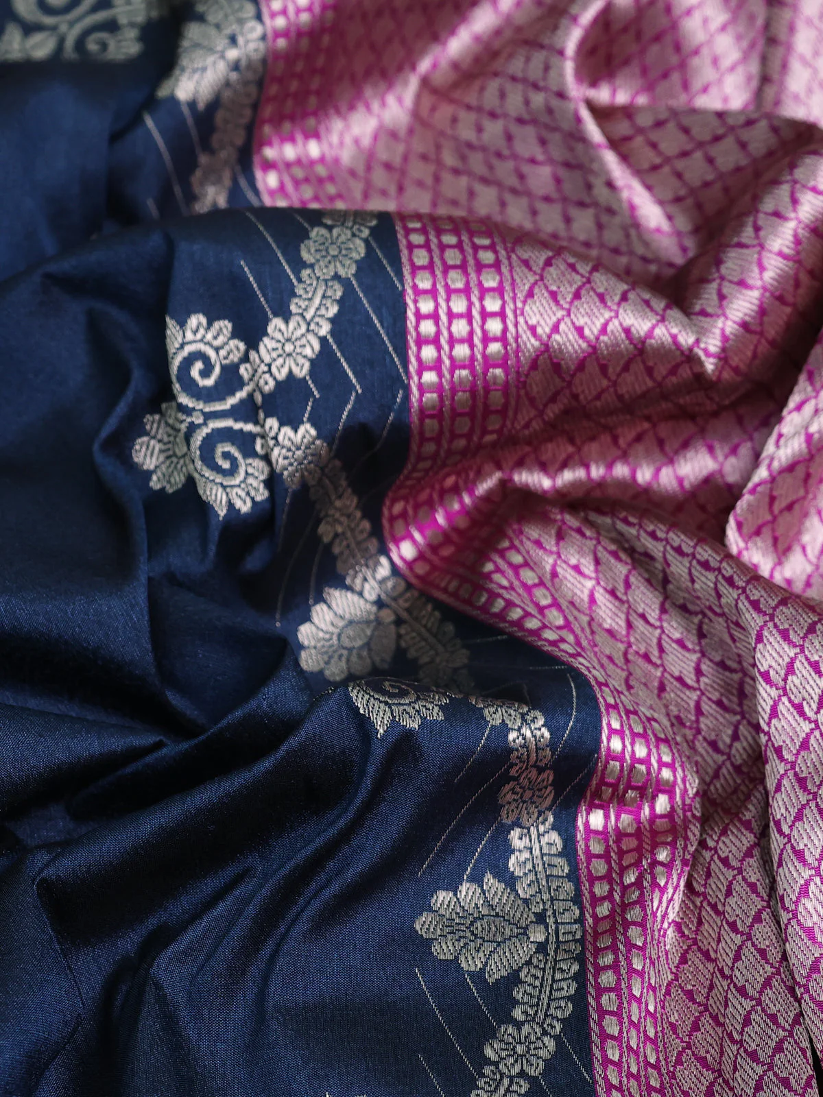 Peacock Blue-Pink Banarasi Tussar Silk Saree - Image 3