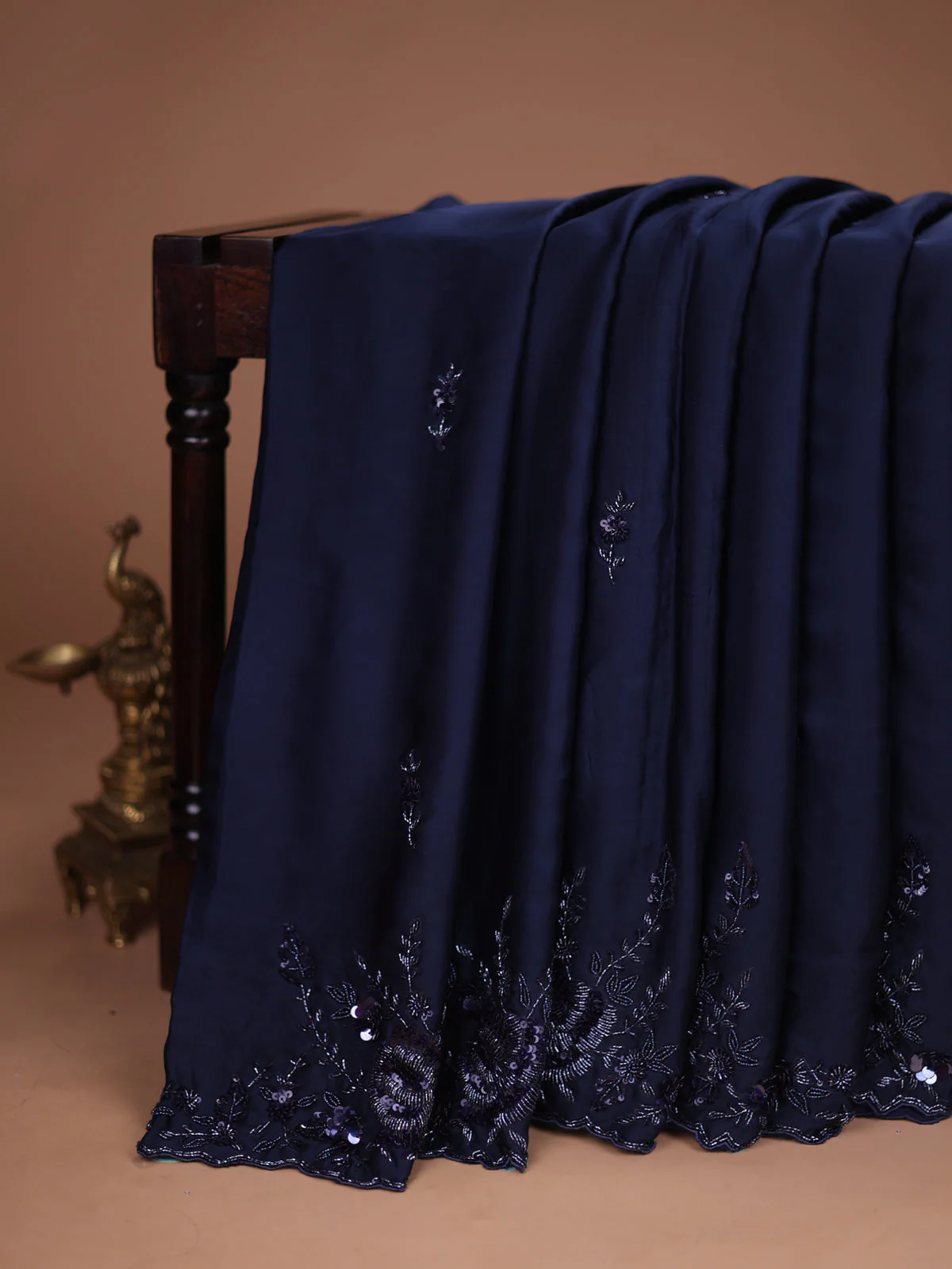 Peacock Blue Satin Silk Saree With Embroidered Readymade Blouse - Image 2
