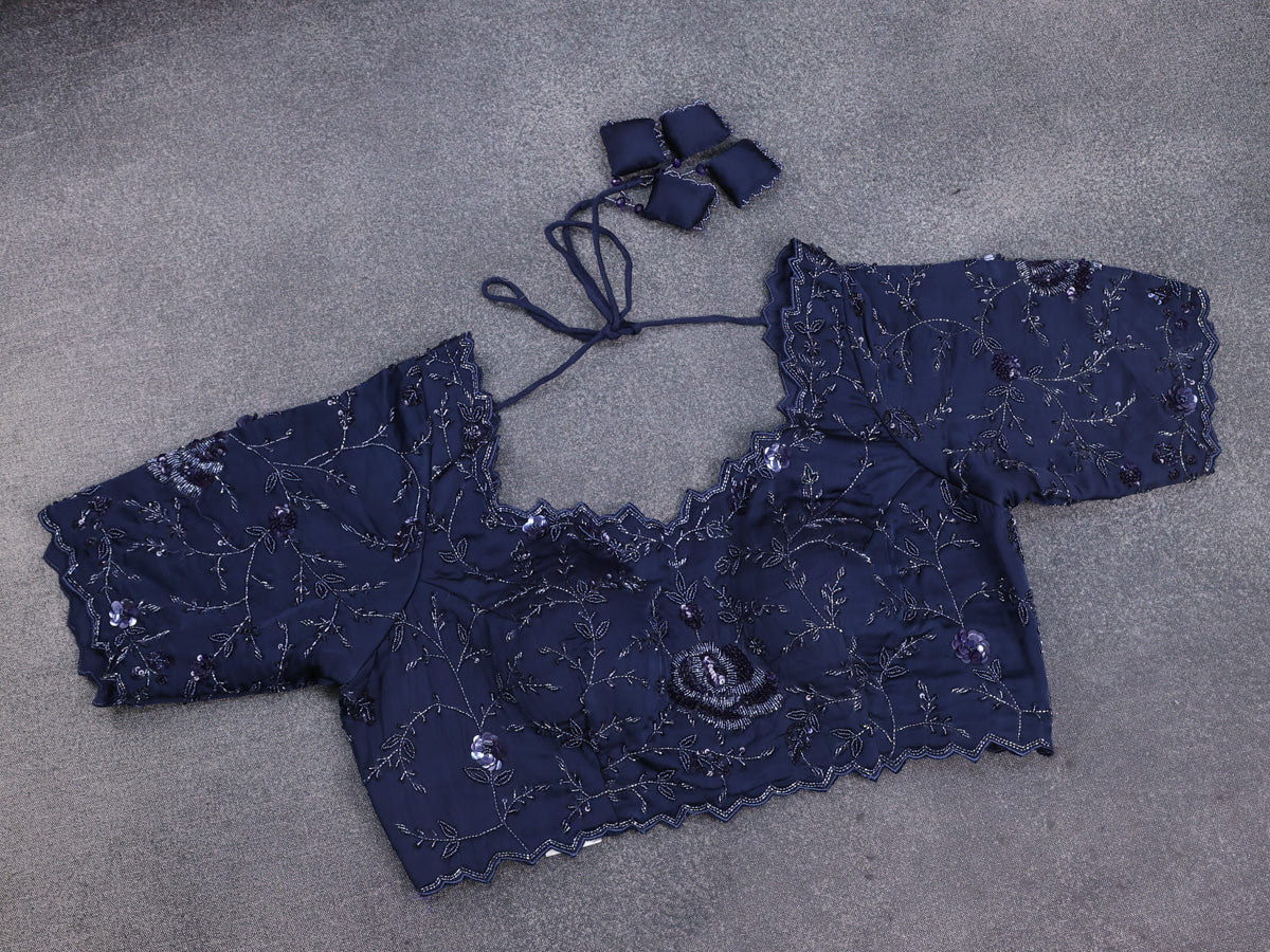 Peacock Blue Satin Silk Saree With Embroidered Readymade Blouse - Image 4