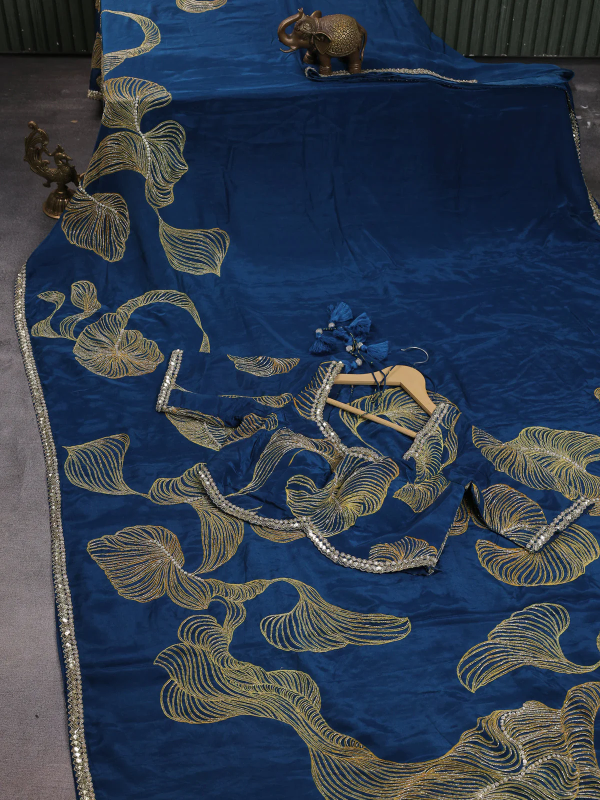 Peacock Blue Satin Silk Saree With Embroidered Readymade Blouse
