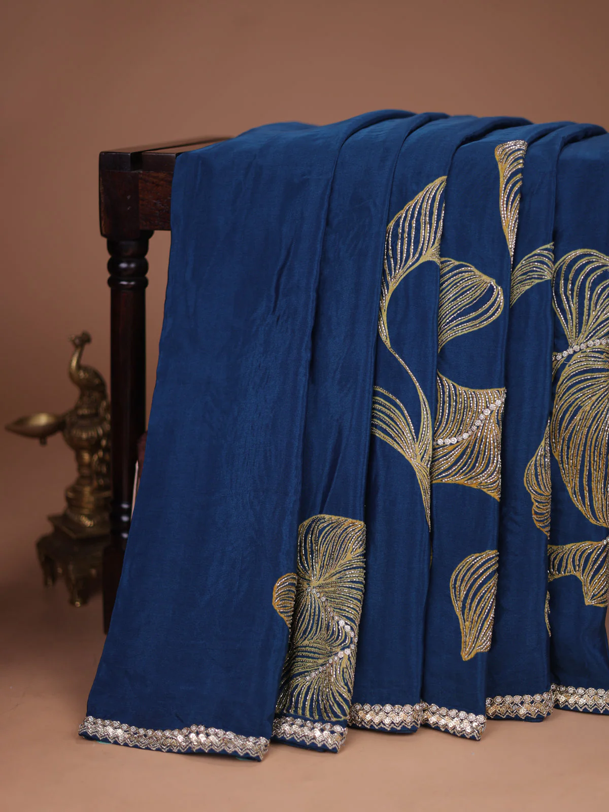 Peacock Blue Satin Silk Saree With Embroidered Readymade Blouse - Image 2