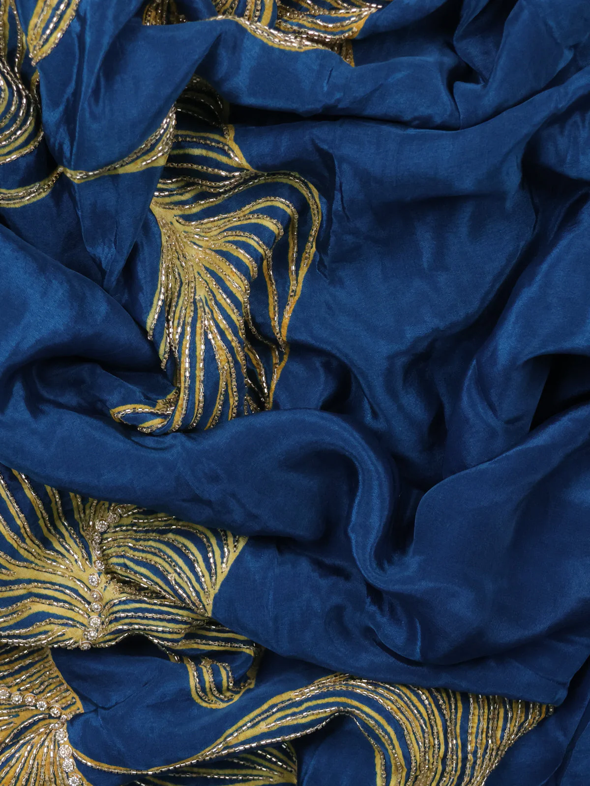 Peacock Blue Satin Silk Saree With Embroidered Readymade Blouse - Image 3