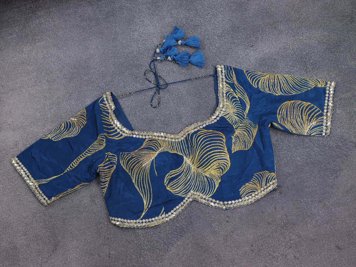 Peacock Blue Satin Silk Saree With Embroidered Readymade Blouse - Image 4