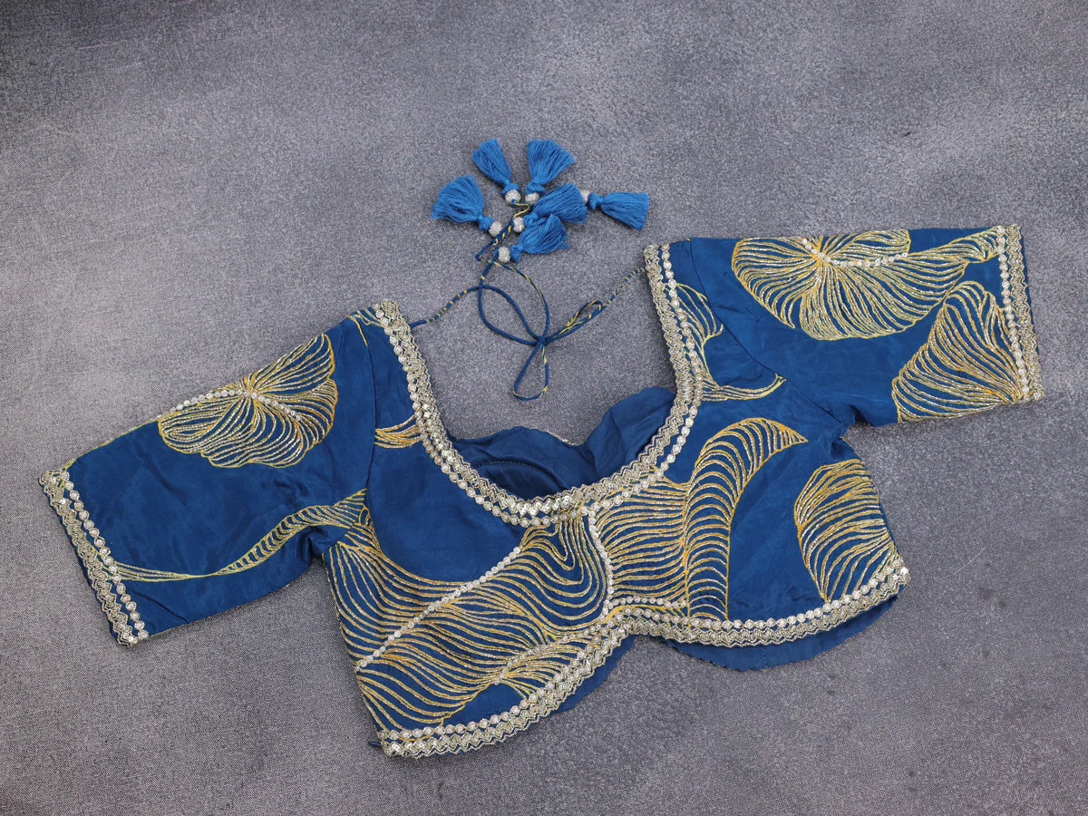 Peacock Blue Satin Silk Saree With Embroidered Readymade Blouse - Image 5