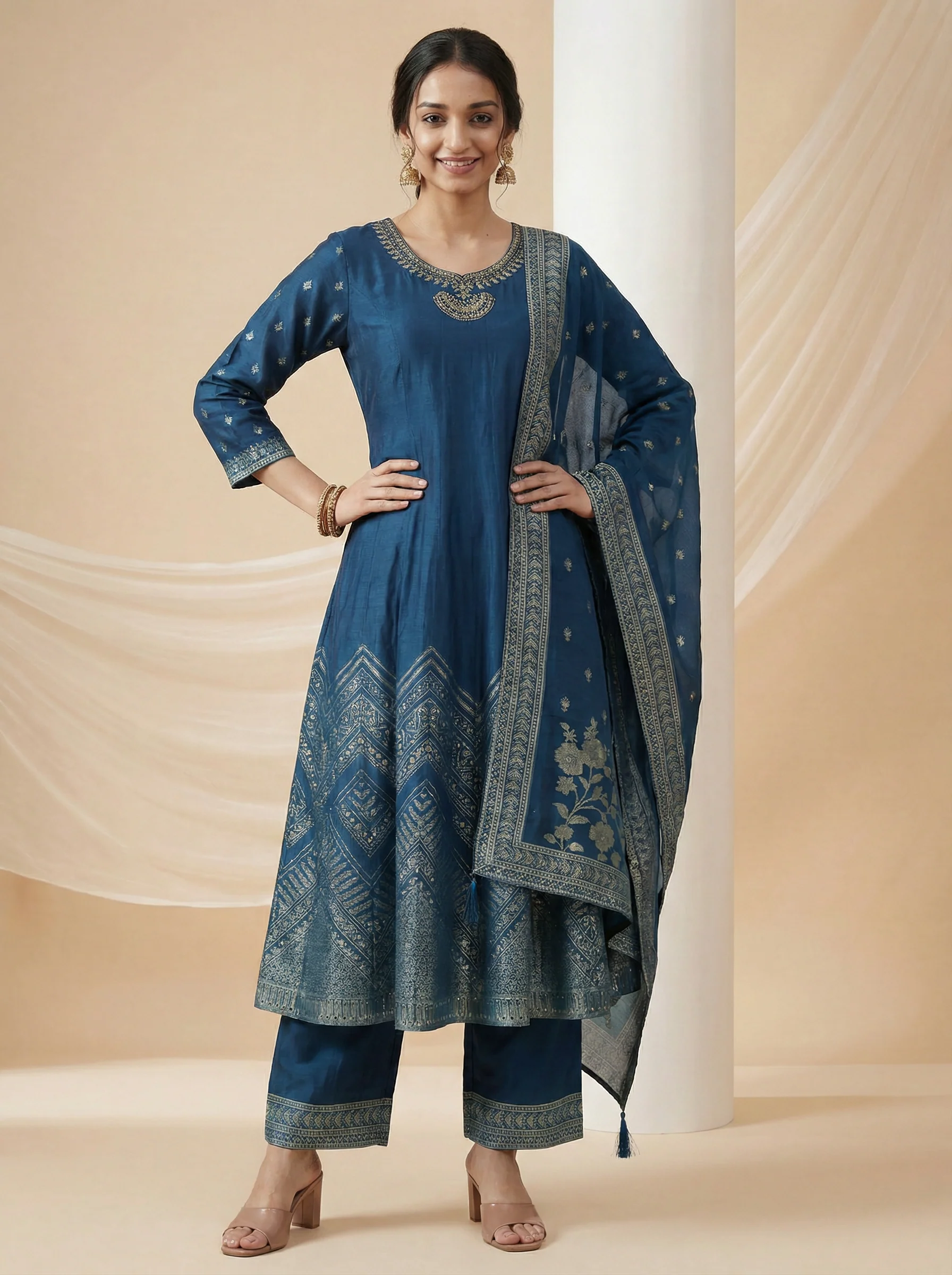 Peacock Blue Silk Embellished Anarkali Suit With Pant And Dupatta