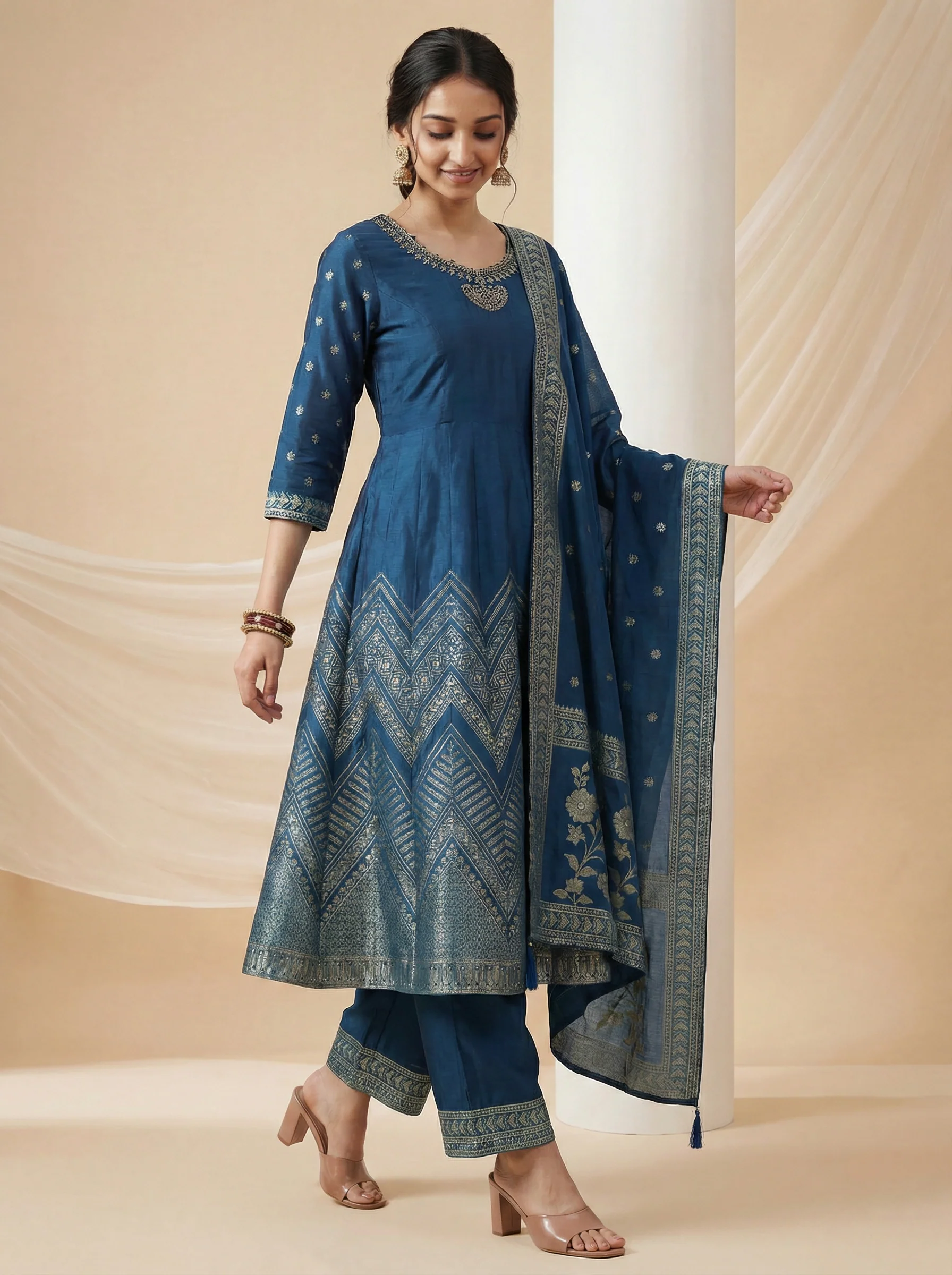Peacock Blue Silk Embellished Anarkali Suit With Pant And Dupatta - Image 2
