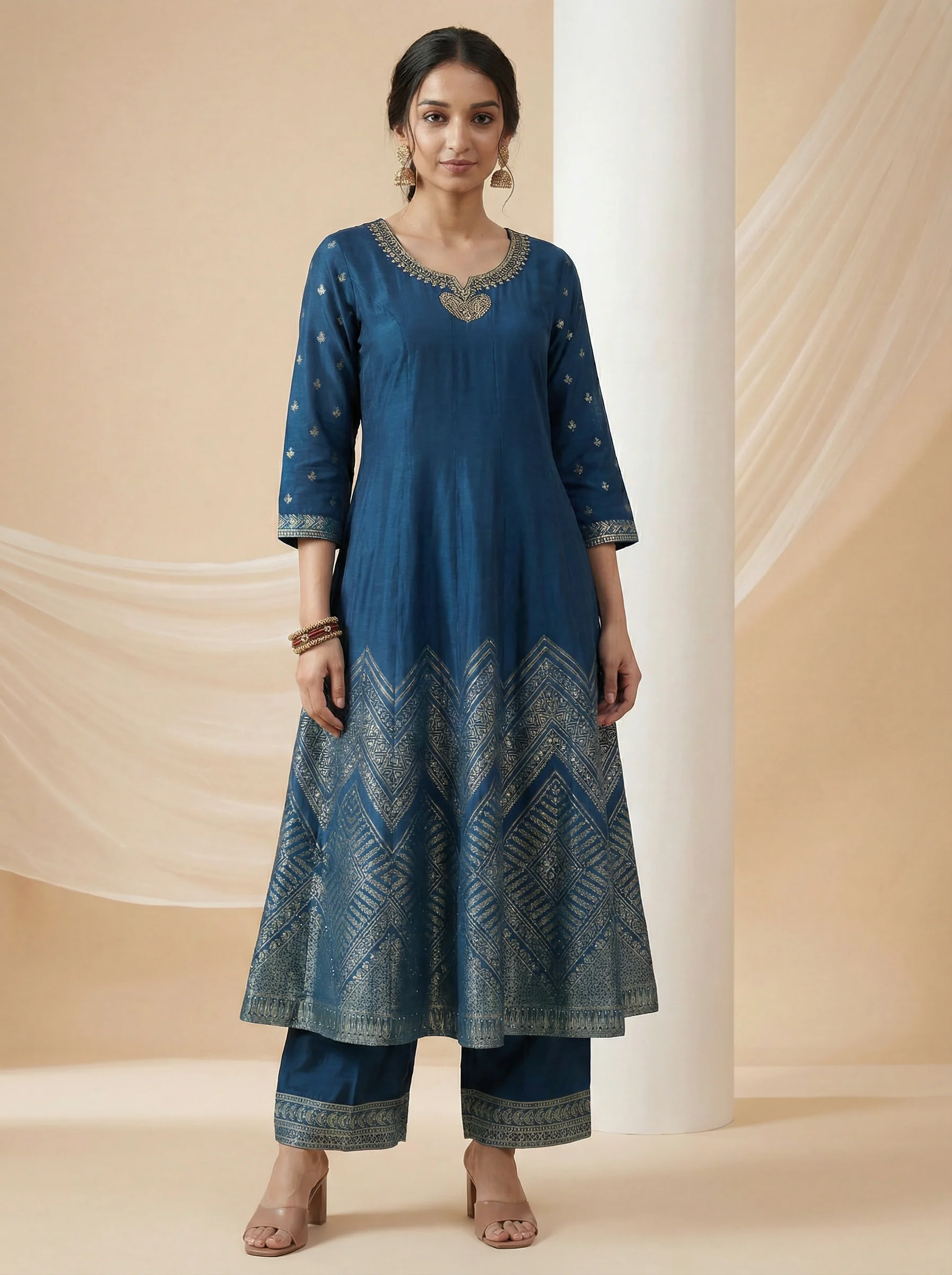 Peacock Blue Silk Embellished Anarkali Suit With Pant And Dupatta - Image 3