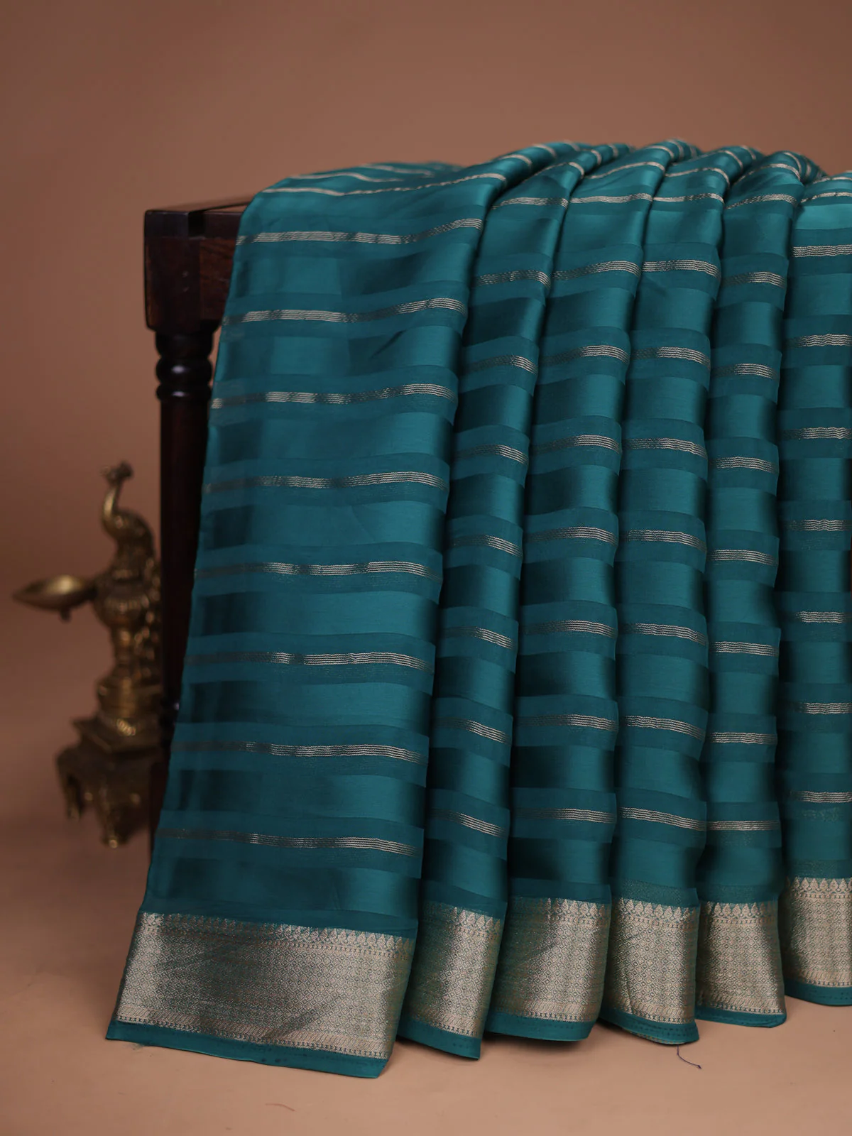 Peacock Green Satin Organza Silk Saree With Embroidered Readymade Blouse - Image 2