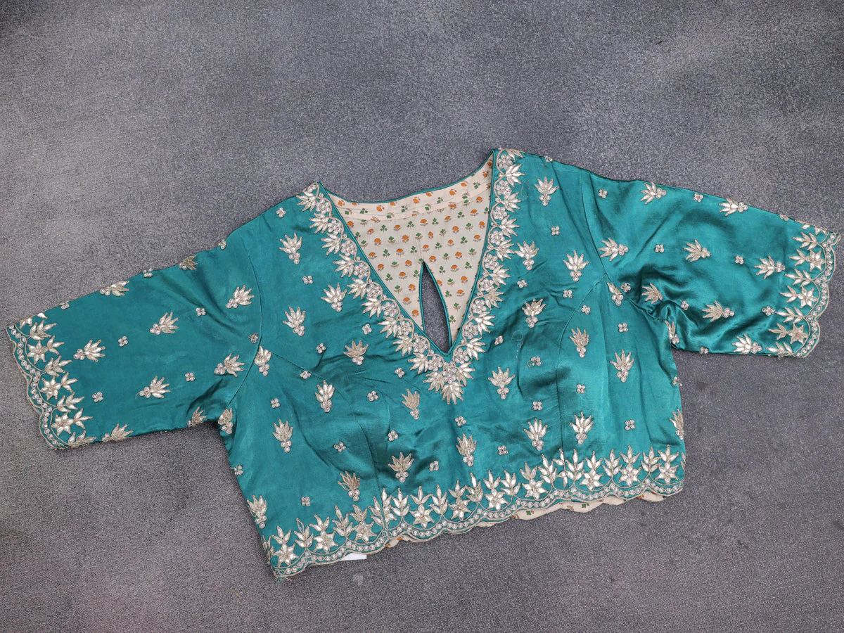 Peacock Green Satin Organza Silk Saree With Embroidered Readymade Blouse - Image 4