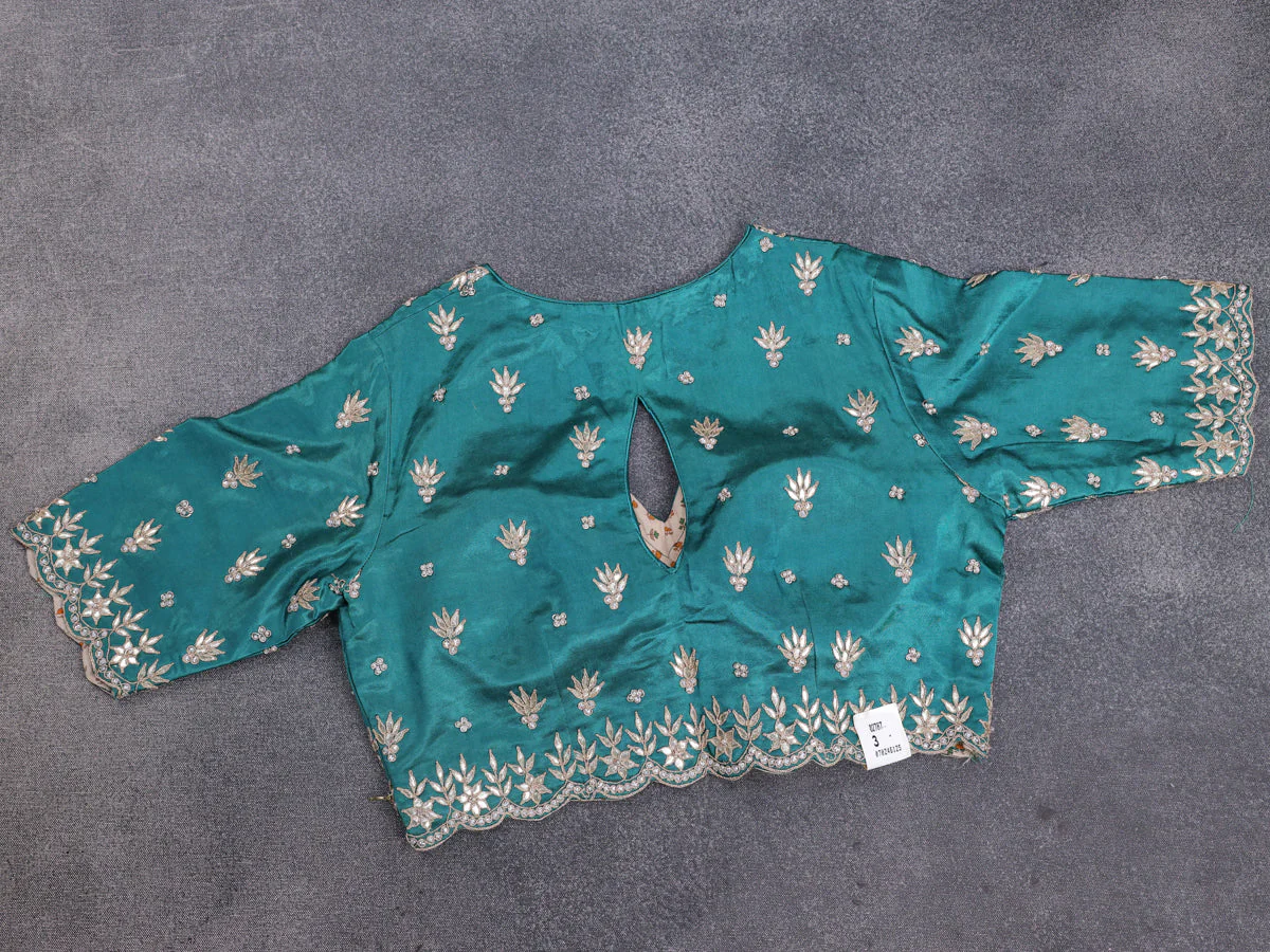 Peacock Green Satin Organza Silk Saree With Embroidered Readymade Blouse - Image 5