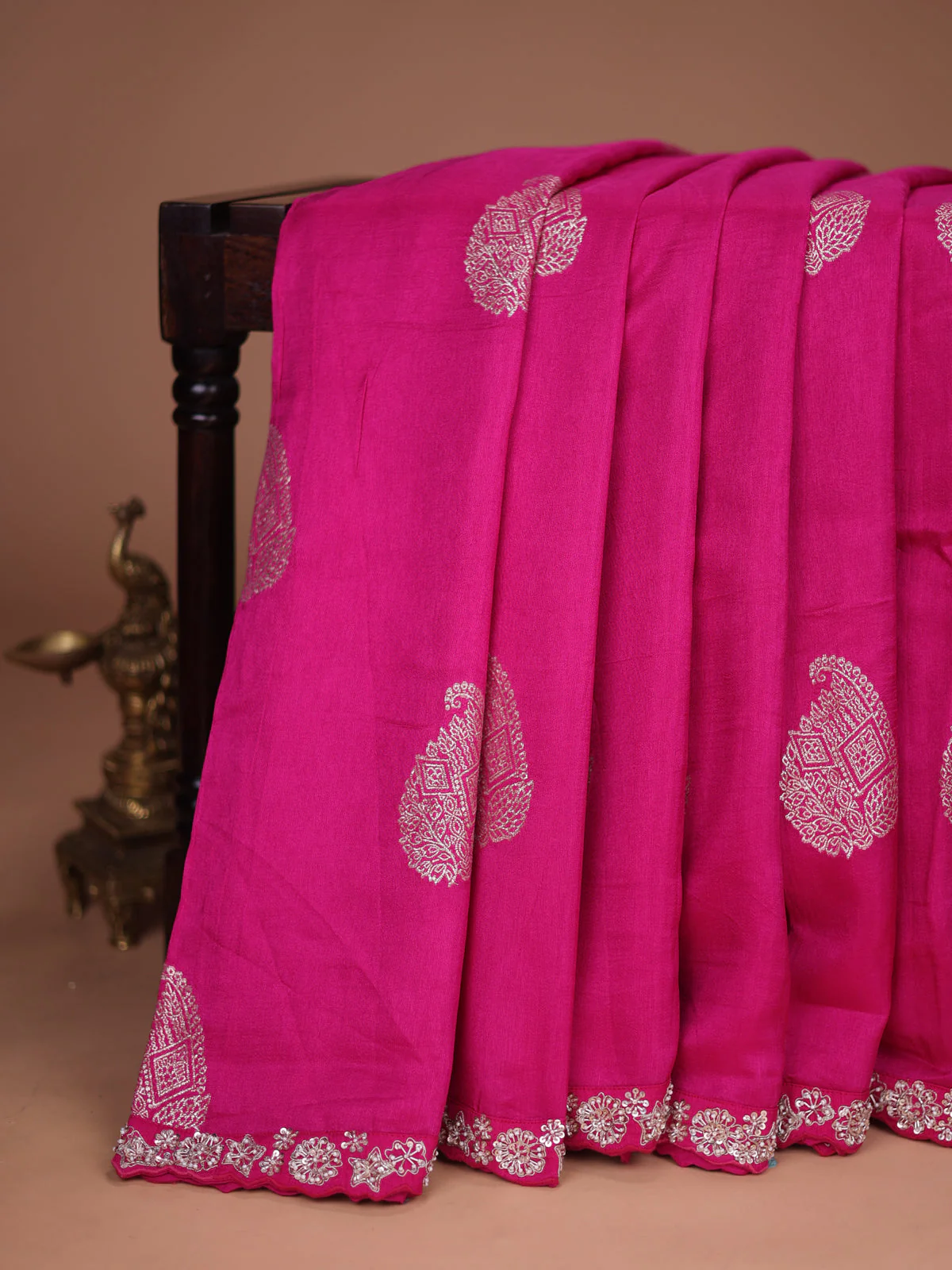Pink Banarasi Silk Saree With Embroidered Readymade Blouse - Image 2