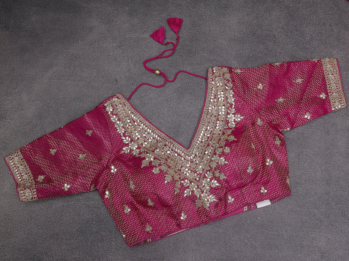Pink Chiniya Silk Saree With Embroidery Readymade Blouse - Image 5