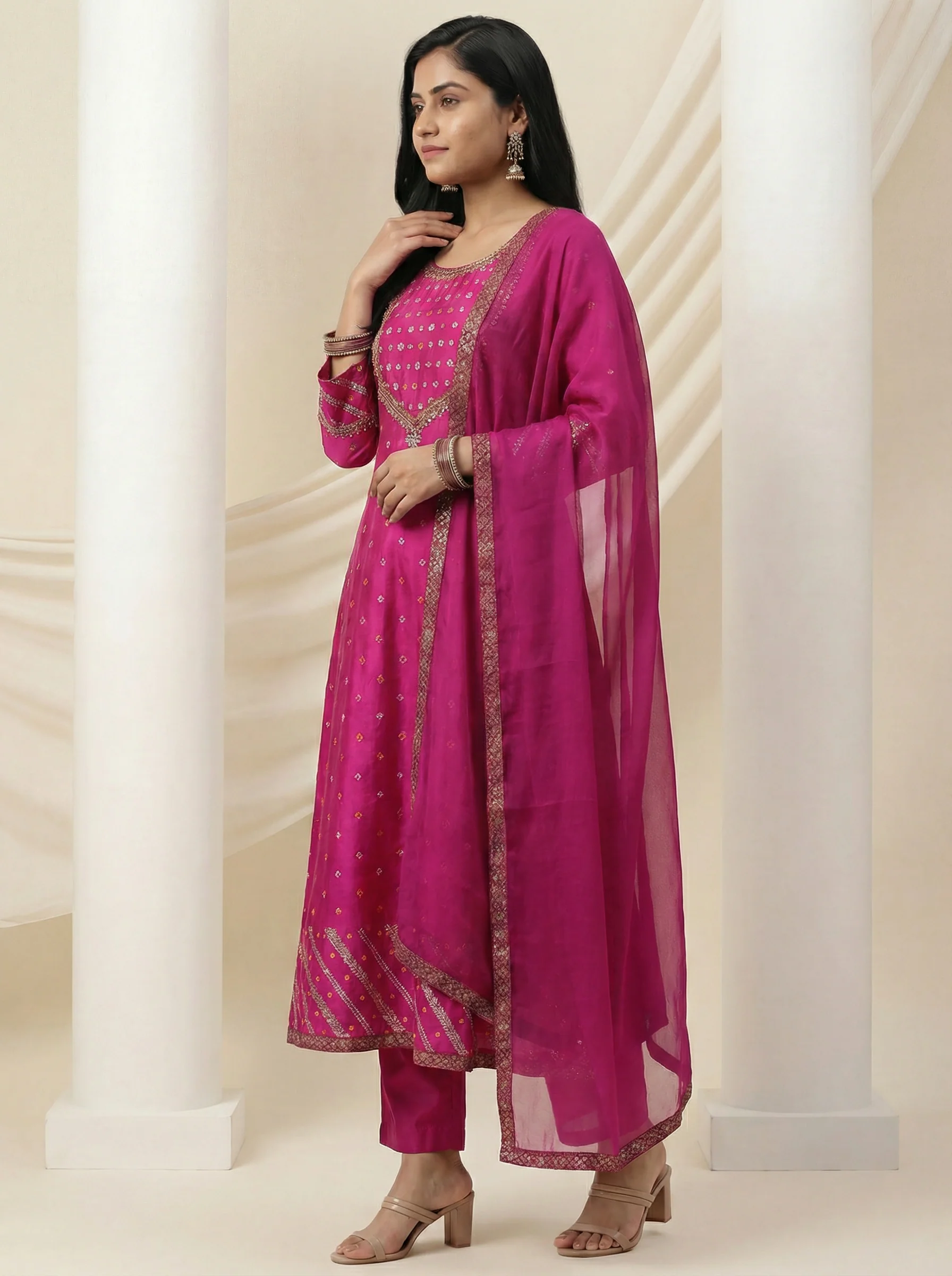 Pink Embellished Silk Anarkali Suit With Pant And Dupatta - Image 2