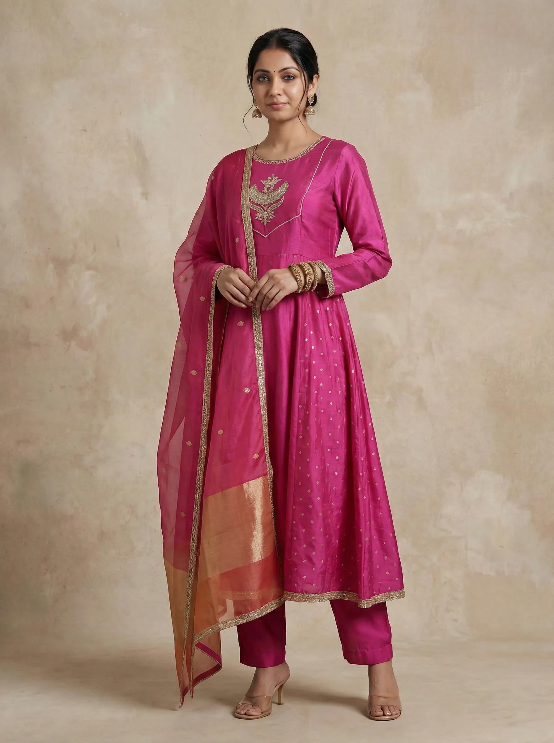 Pink Embellished Silk Anarkali Suit With Pant And Dupatta