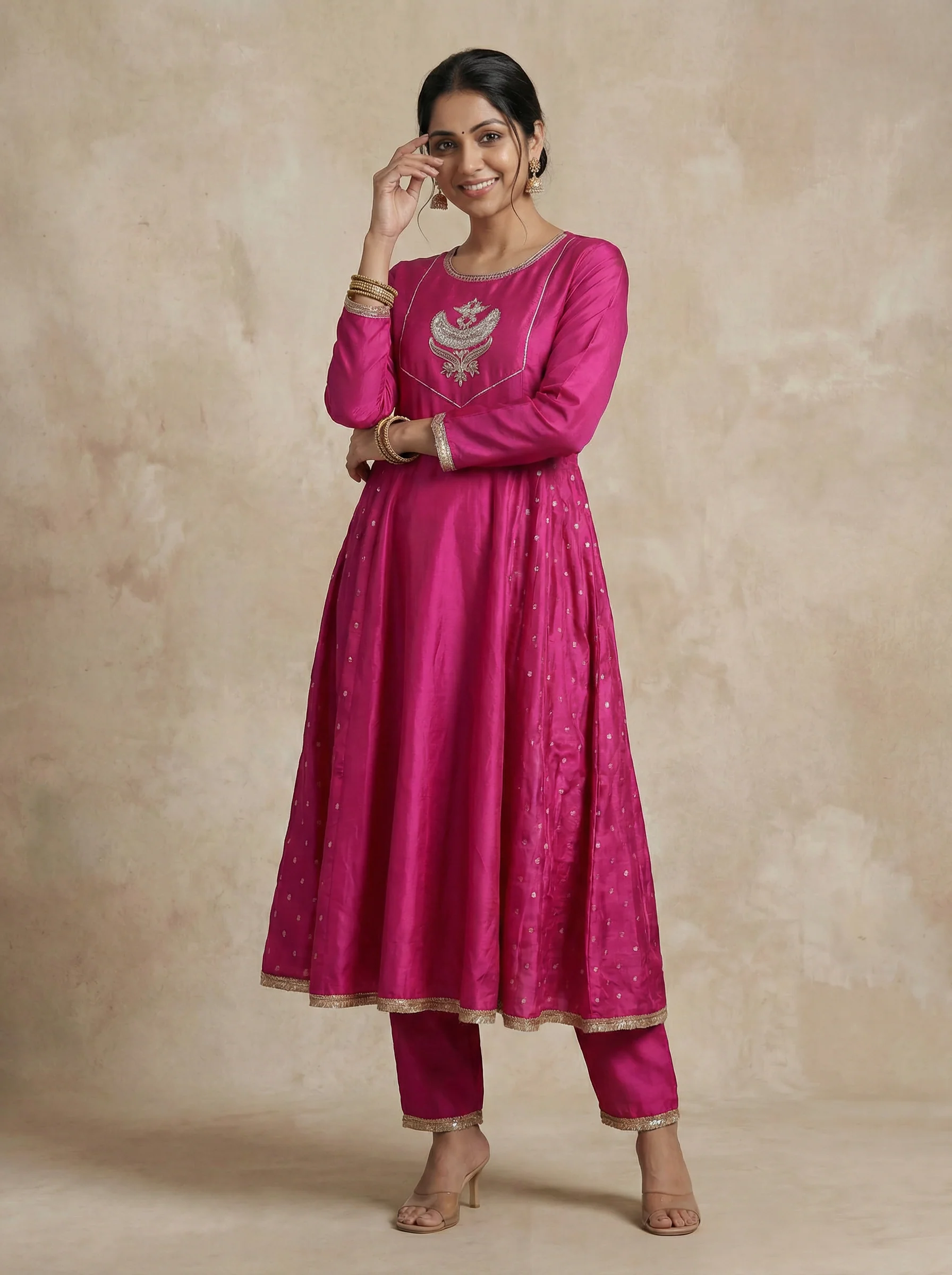 Pink Embellished Silk Anarkali Suit With Pant And Dupatta - Image 2