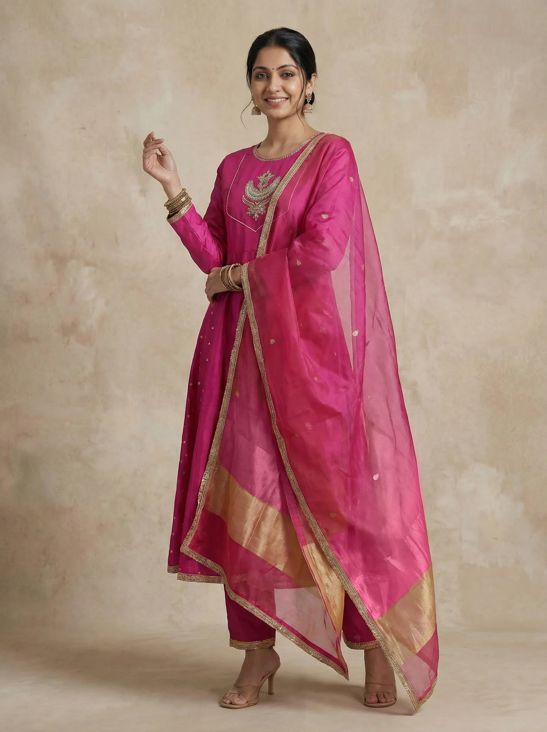 Pink Embellished Silk Anarkali Suit With Pant And Dupatta - Image 3