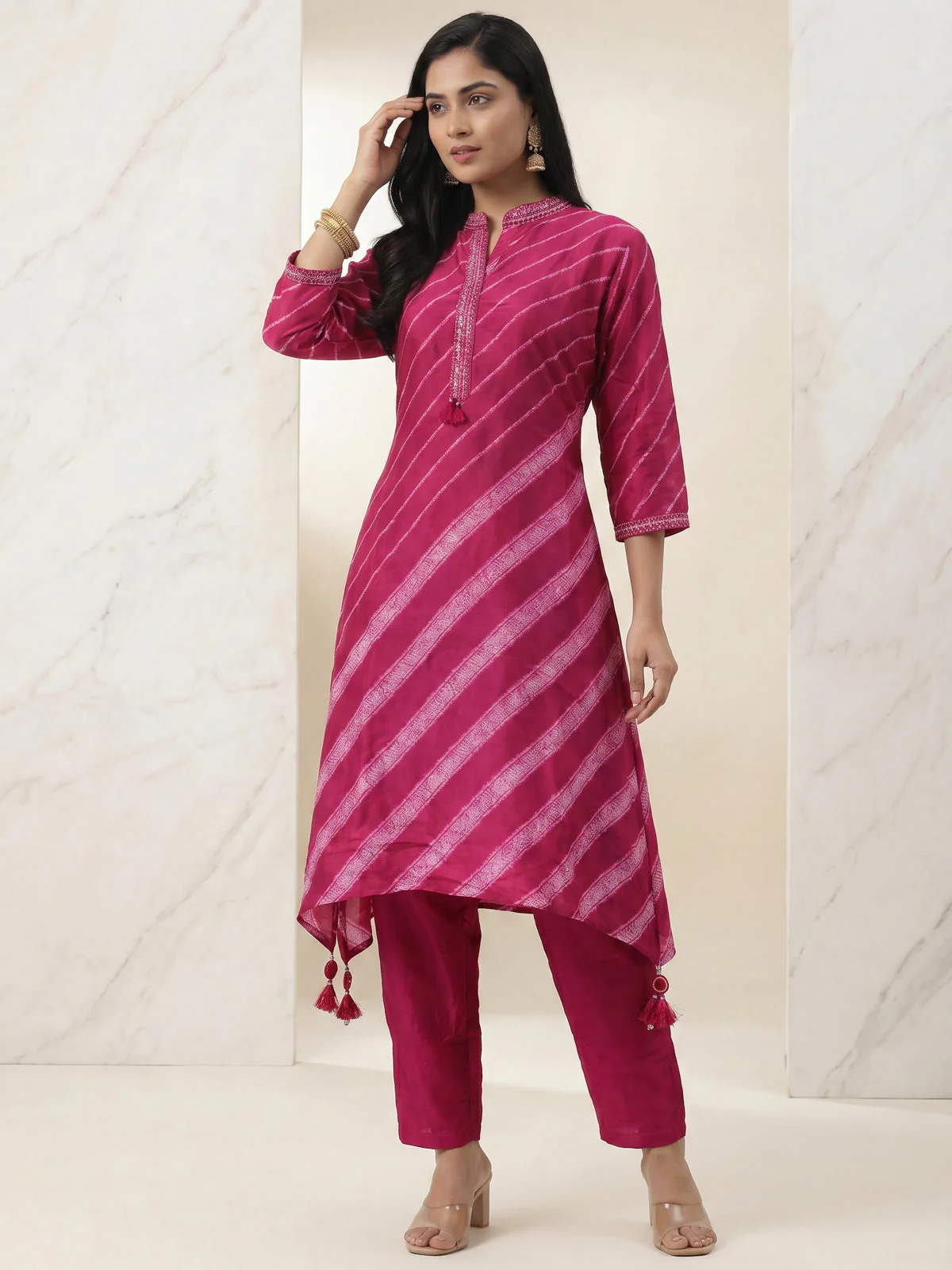 Pink Muslin Tail cut Kurti and Pant Set - Image 2