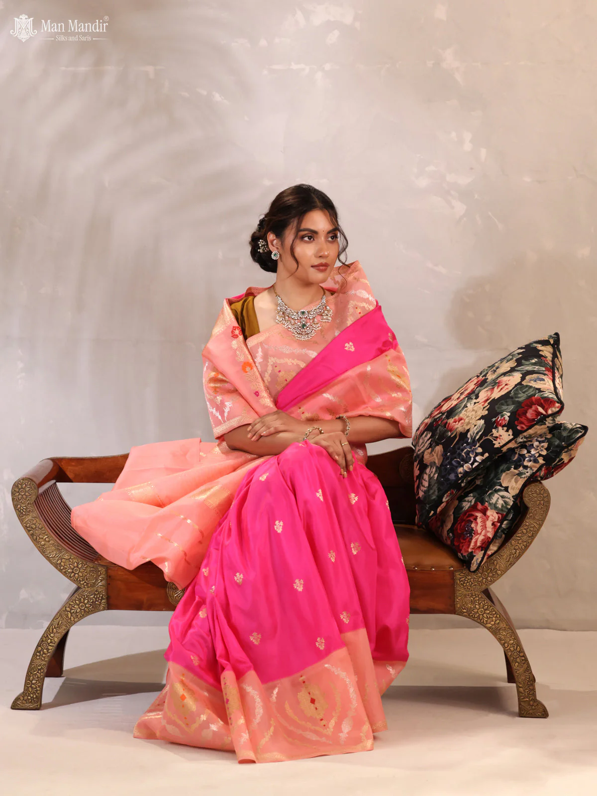 Pink - Peach Orange Banarasi Kadwa Silk Saree - Image 2