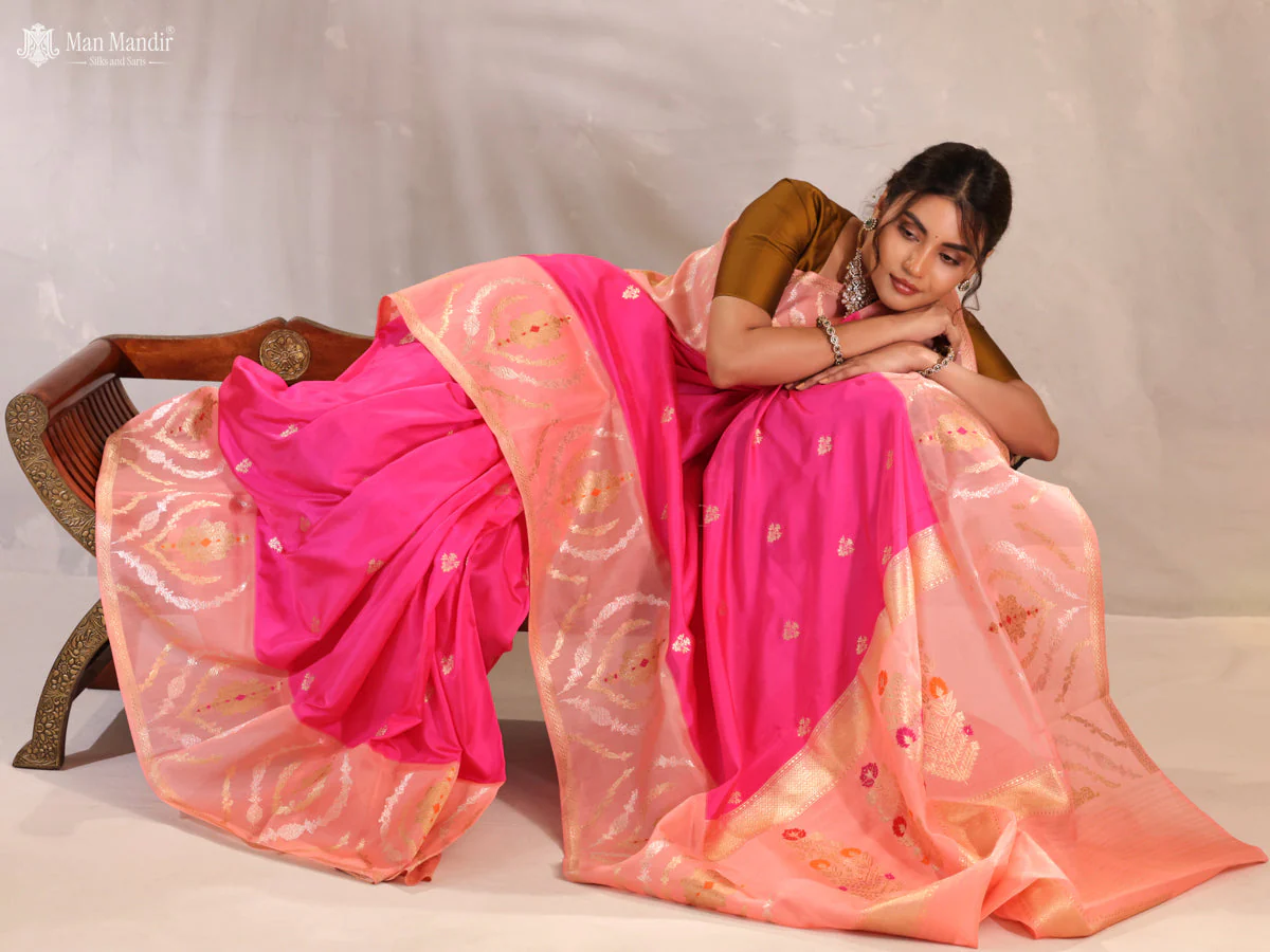 Pink - Peach Orange Banarasi Kadwa Silk Saree - Image 3
