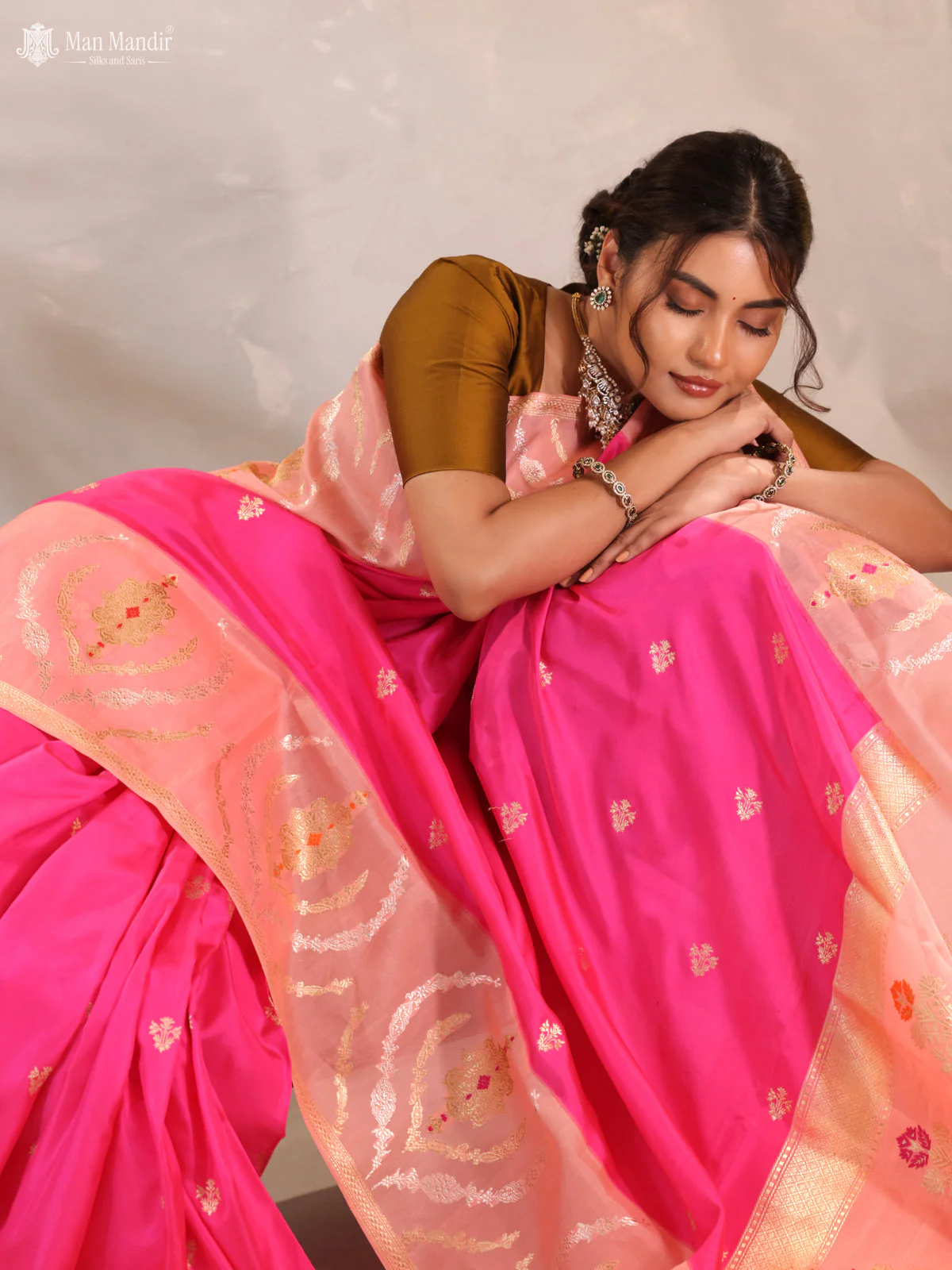 Pink - Peach Orange Banarasi Kadwa Silk Saree - Image 4