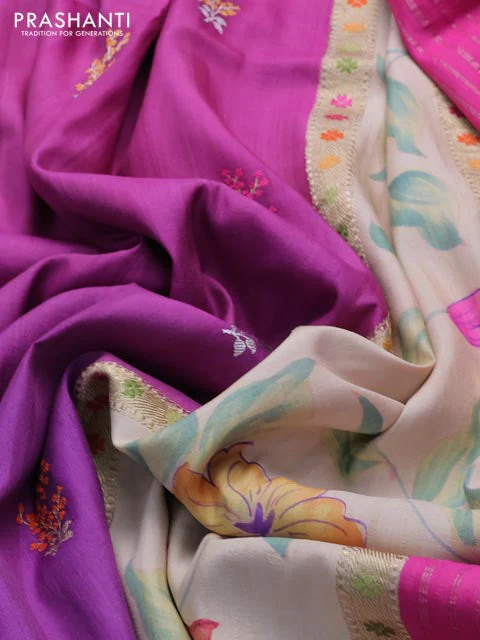 Pink-Purple Banarasi Tussar Georgette Silk Saree With Embroided Butta & Hand Painted Border Prints - Image 3