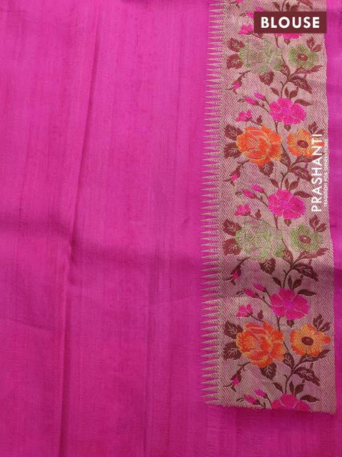 Pink-Purple Banarasi Tussar Georgette Silk Saree With Embroided Butta & Hand Painted Border Prints - Image 4