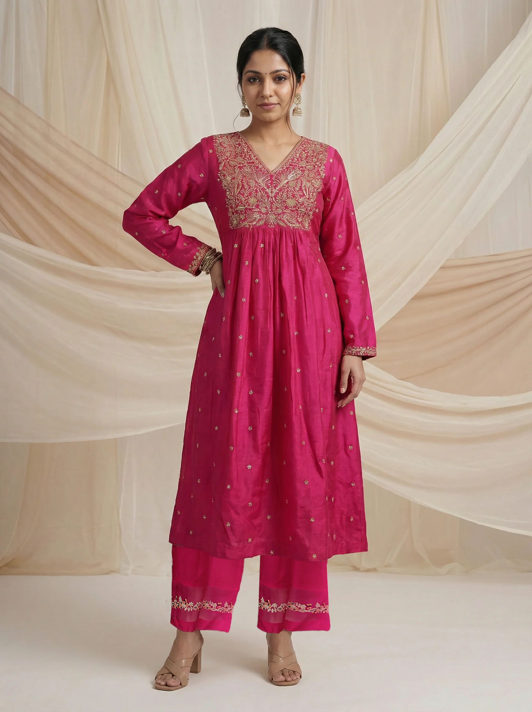 Pink Raw Silk Zardosi Embroidered Anarkali Suit - Image 3