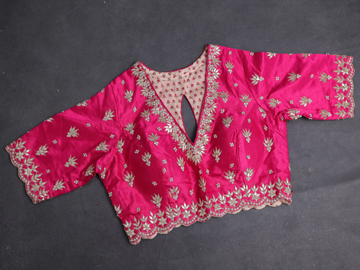Pink Satin Organza Silk Saree With Embroidered Readymade Blouse - Image 4