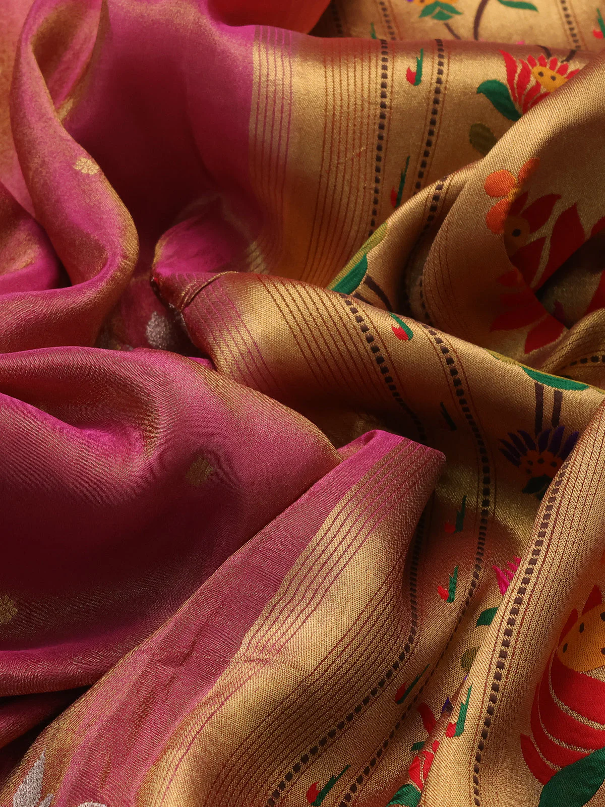 Pink Tissue Silk Saree With Embroidery Butta & Paithani Style Border - Image 3