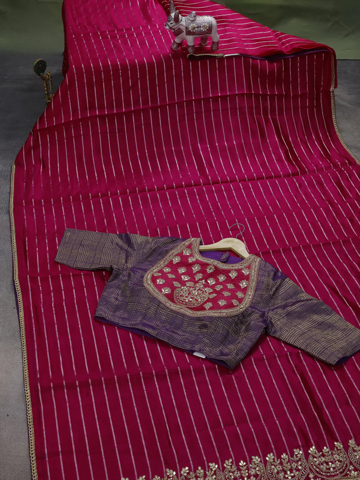 Pink -Violet Chiniya Silk Saree With Embroidery Readymade Blouse