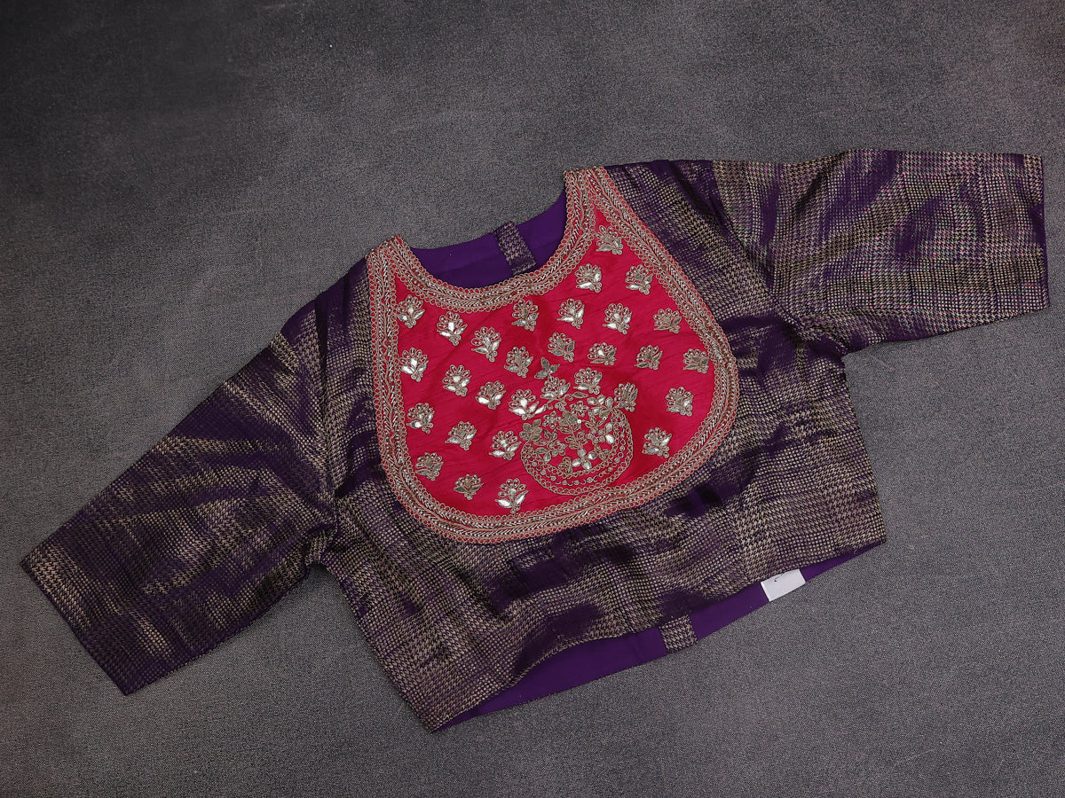 Pink -Violet Chiniya Silk Saree With Embroidery Readymade Blouse - Image 5