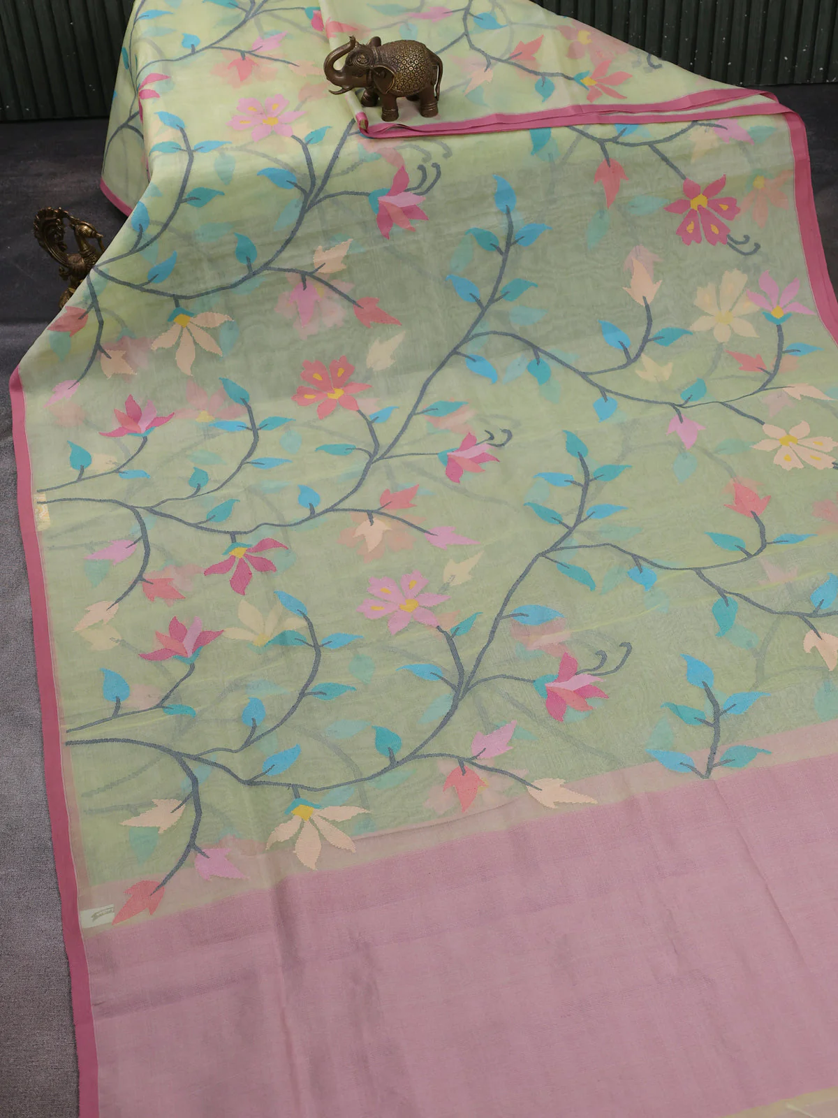 Pista Green - Gazri Pink Banarasi Dhakai Kora Silk Saree - Image 2